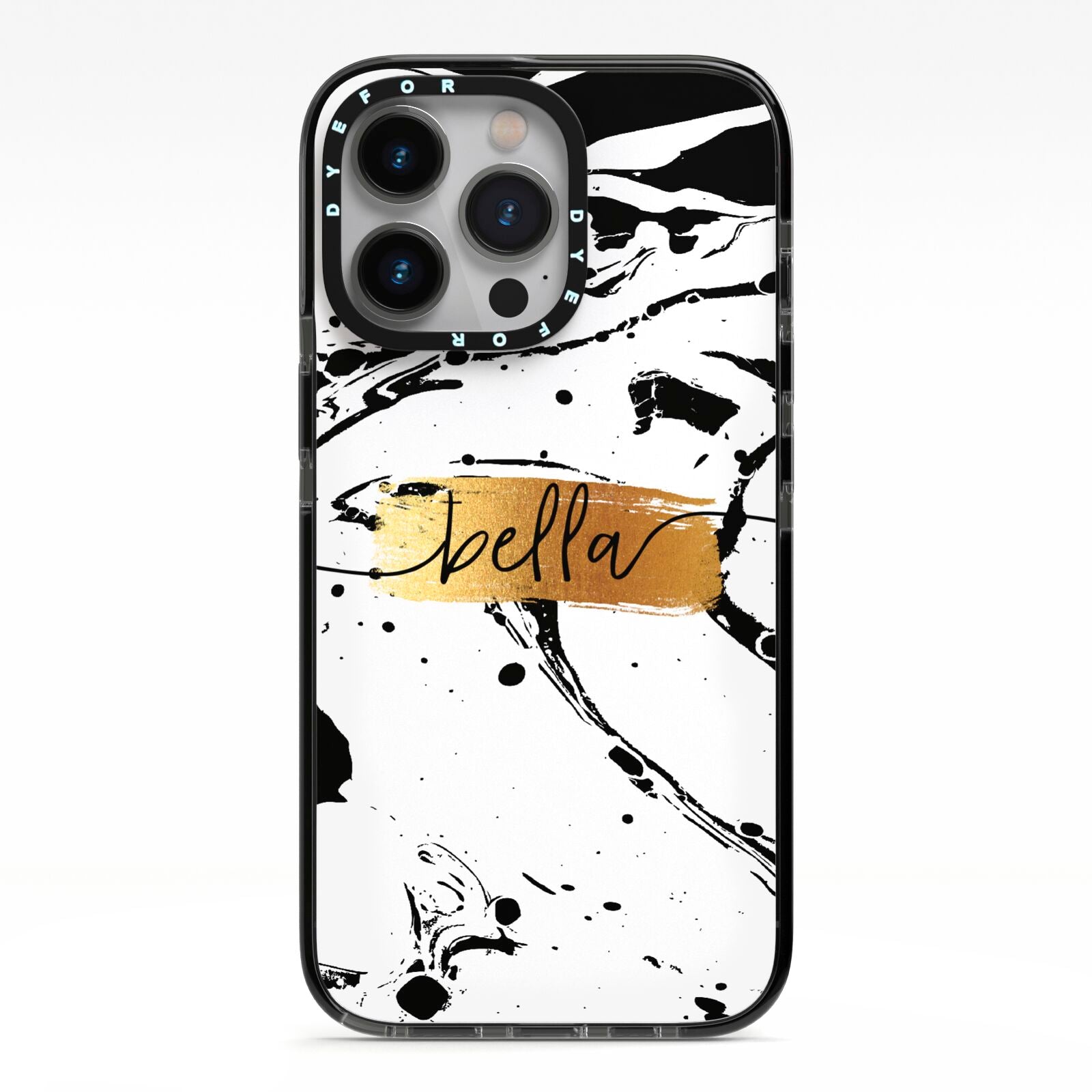 Personalised White Gold Swirl Marble iPhone 13 Pro Black Impact Case on Silver phone