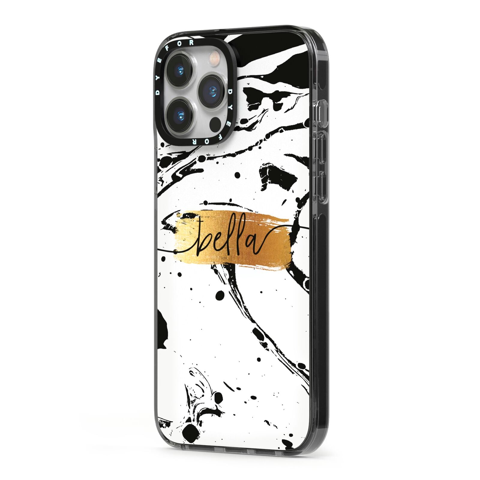 Personalised White Gold Swirl Marble iPhone 13 Pro Max Black Impact Case Side Angle on Silver phone