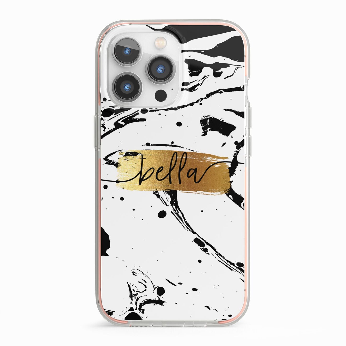 Personalised White Gold Swirl Marble iPhone 13 Pro TPU Impact Case with Pink Edges
