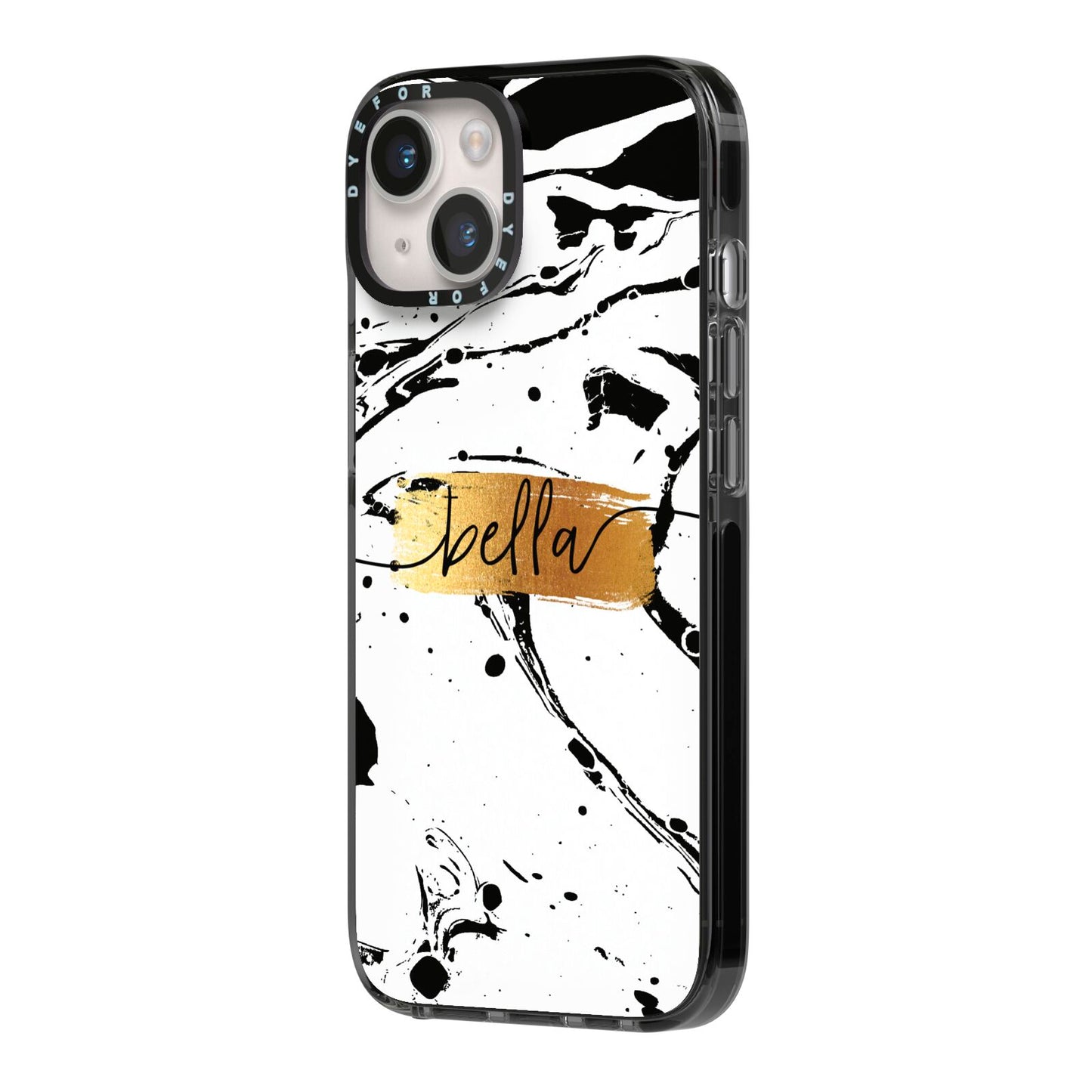 Personalised White Gold Swirl Marble iPhone 14 Black Impact Case Side Angle on Silver phone