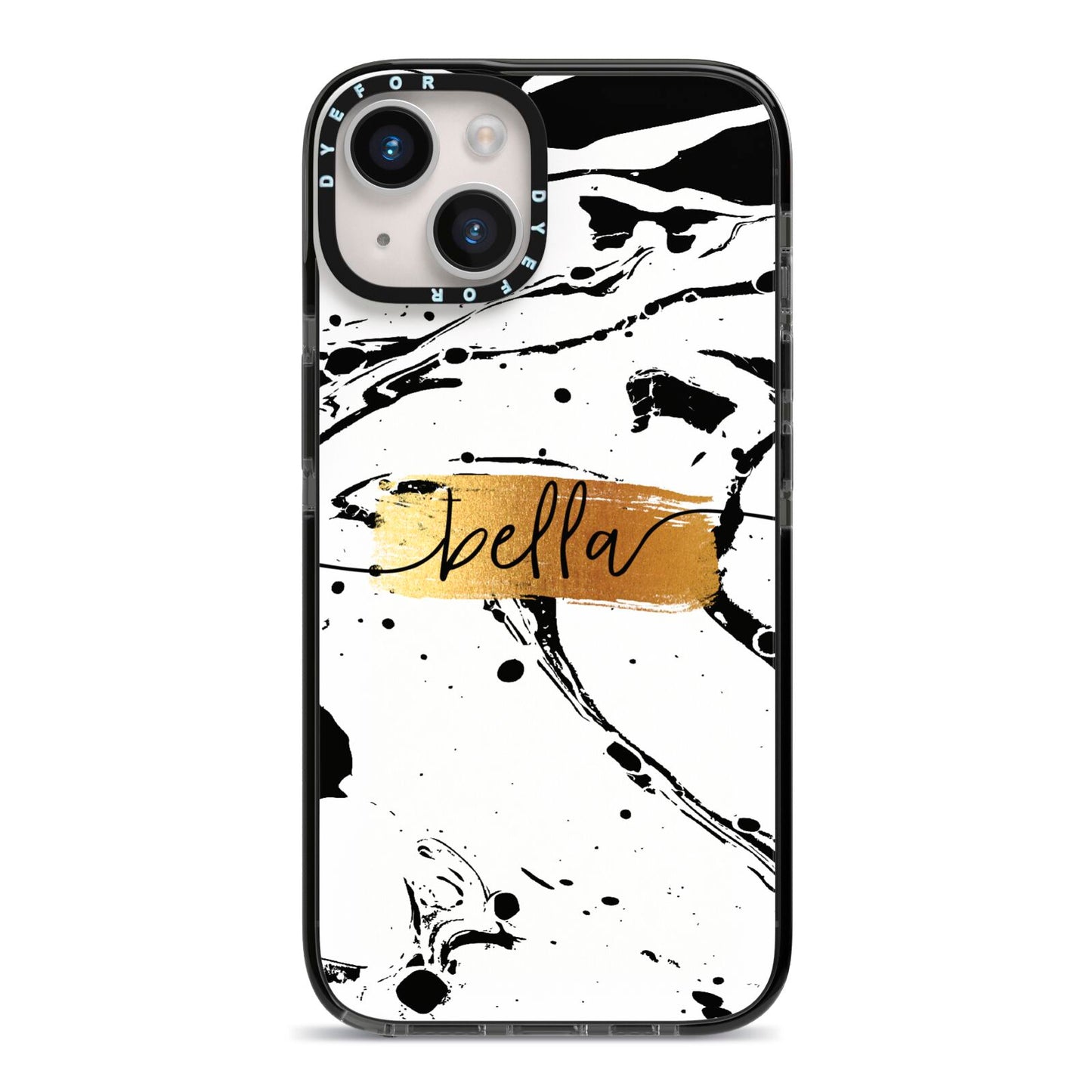 Personalised White Gold Swirl Marble iPhone 14 Black Impact Case on Silver phone