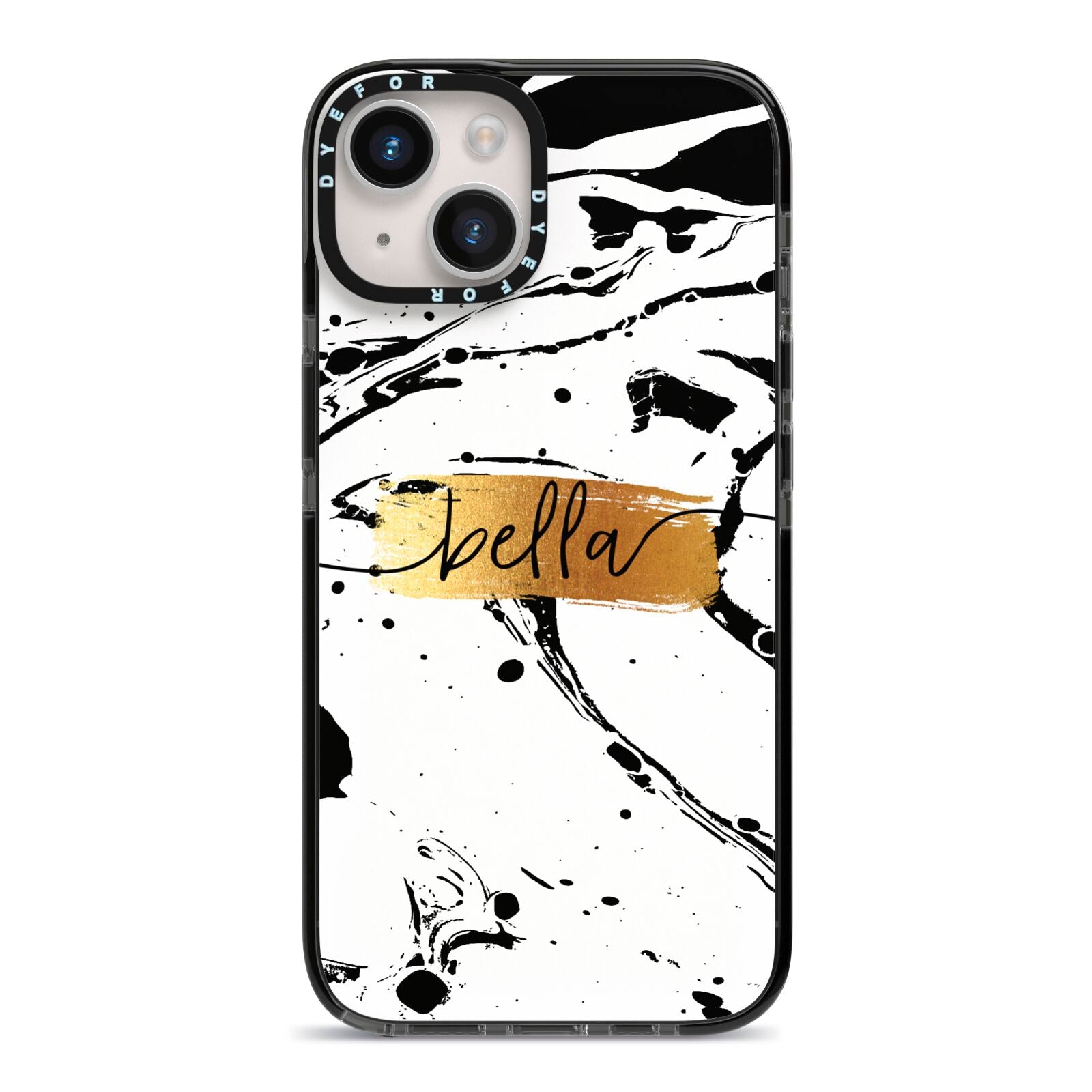 Personalised White Gold Swirl Marble iPhone 14 Black Impact Case on Silver phone