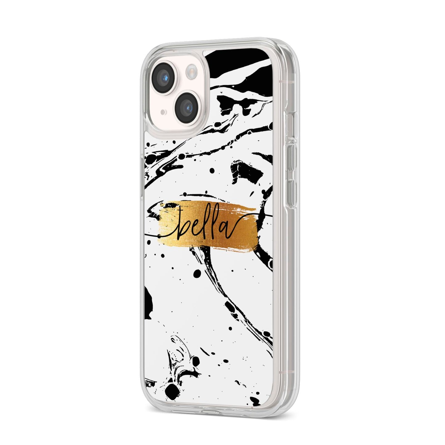 Personalised White Gold Swirl Marble iPhone 14 Clear Tough Case Starlight Angled Image