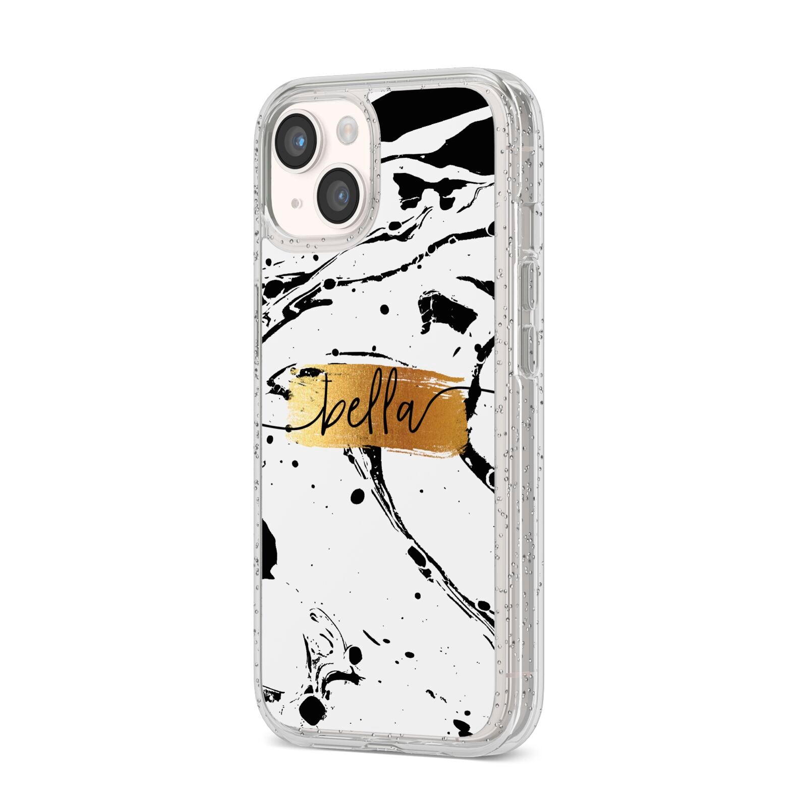 Personalised White Gold Swirl Marble iPhone 14 Glitter Tough Case Starlight Angled Image