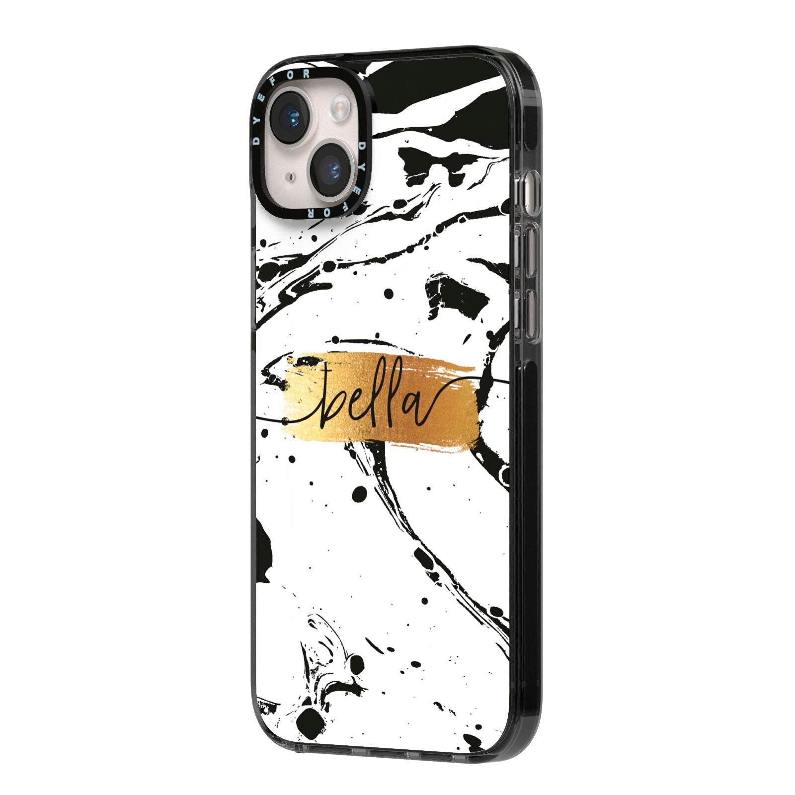 Personalised White Gold Swirl Marble iPhone 14 Plus Black Impact Case Side Angle on Silver phone