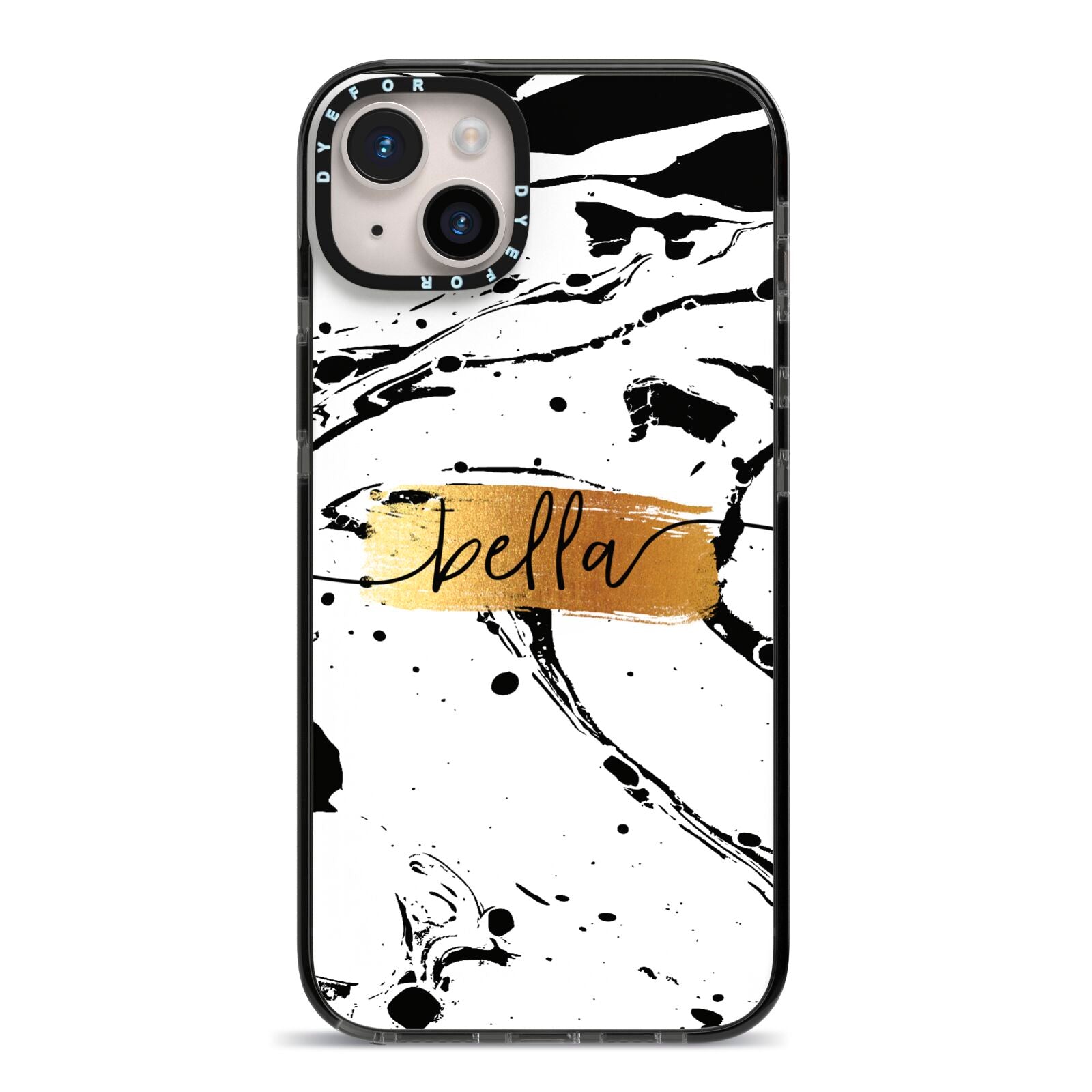 Personalised White Gold Swirl Marble iPhone 14 Plus Black Impact Case on Silver phone