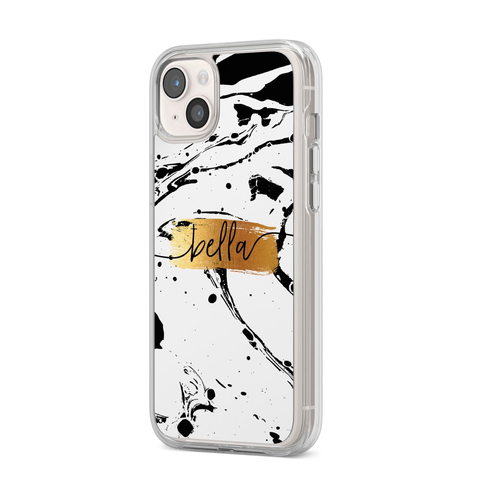Personalised White Gold Swirl Marble iPhone 14 Plus Clear Tough Case Starlight Angled Image