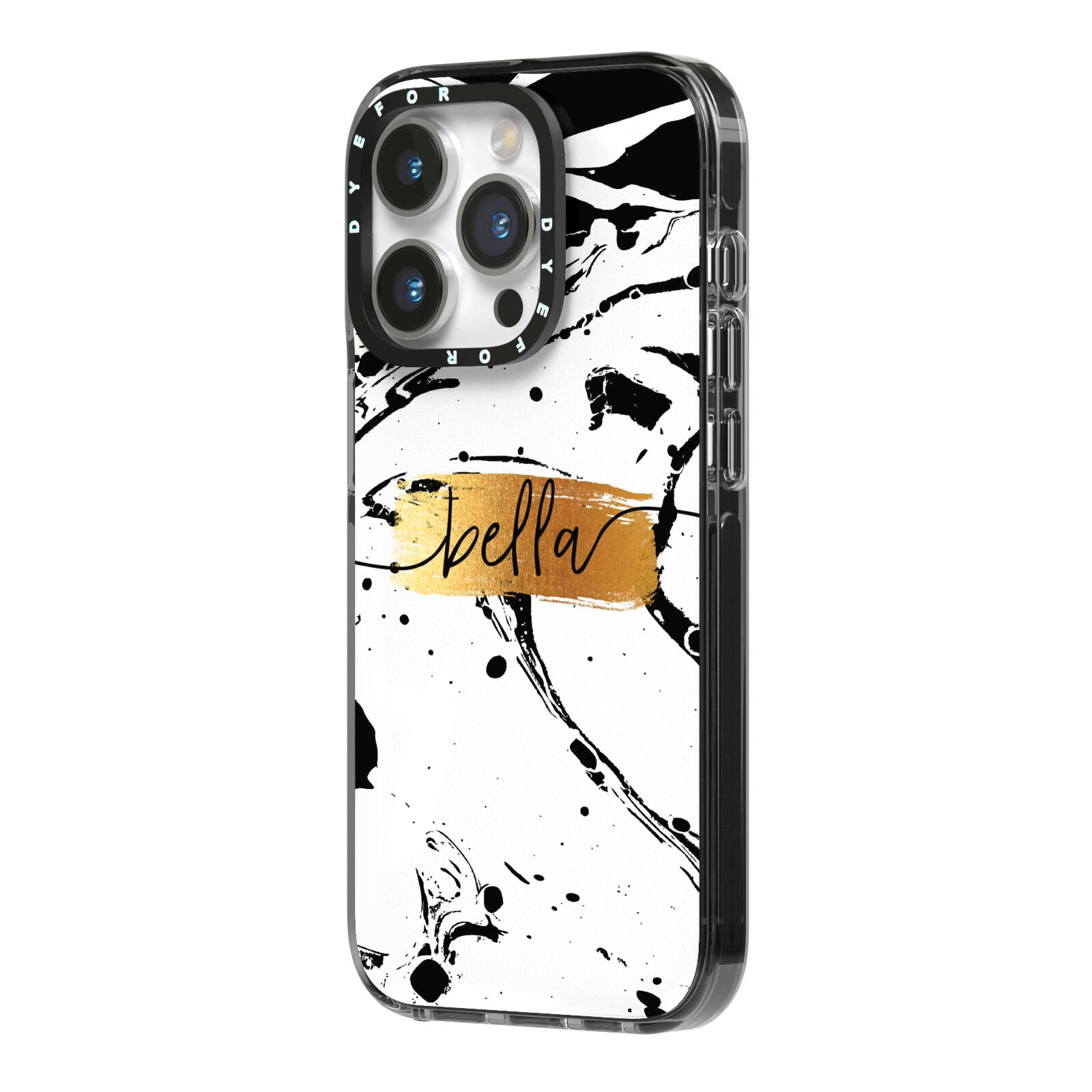 Personalised White Gold Swirl Marble iPhone 14 Pro Black Impact Case Side Angle on Silver phone