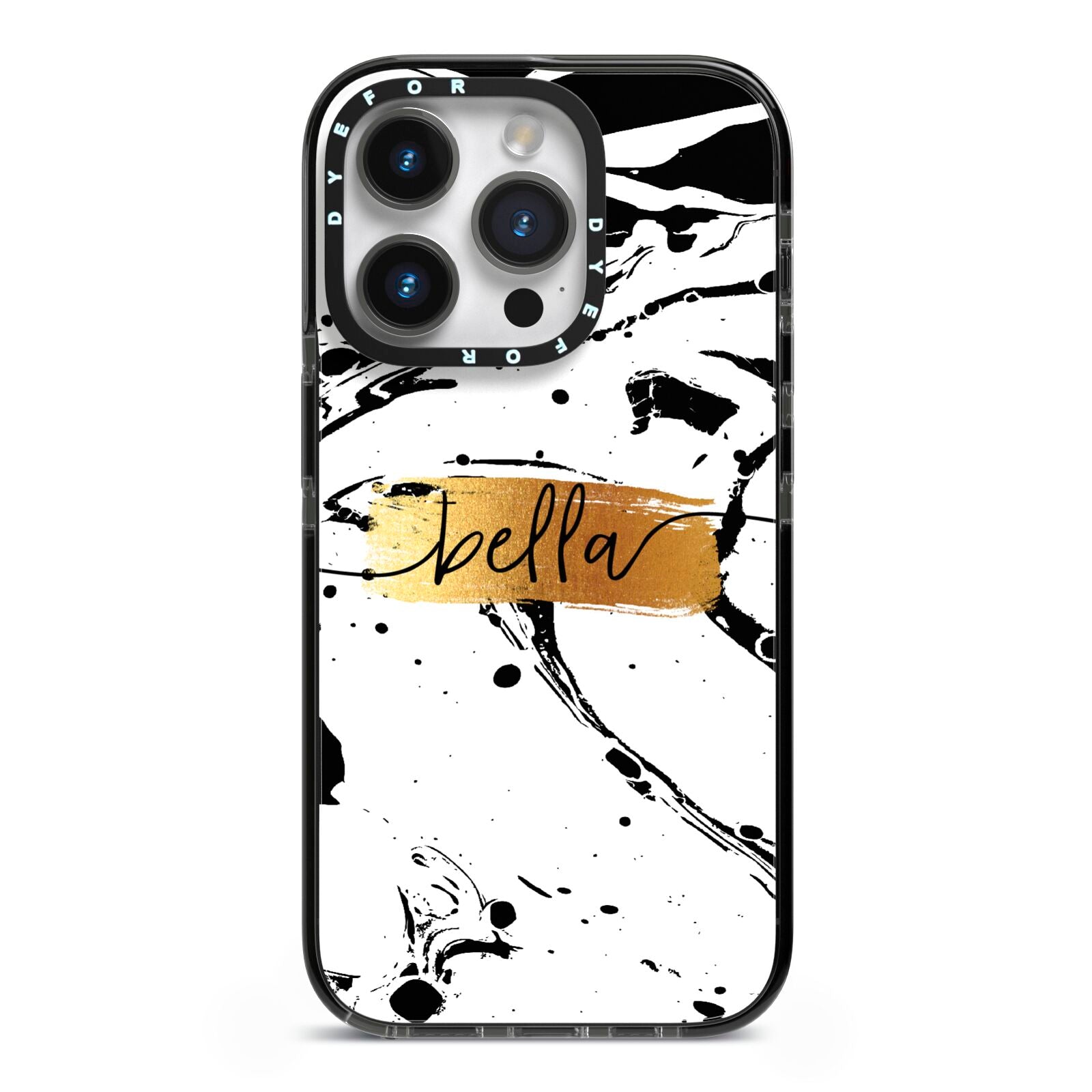 Personalised White Gold Swirl Marble iPhone 14 Pro Black Impact Case on Silver phone