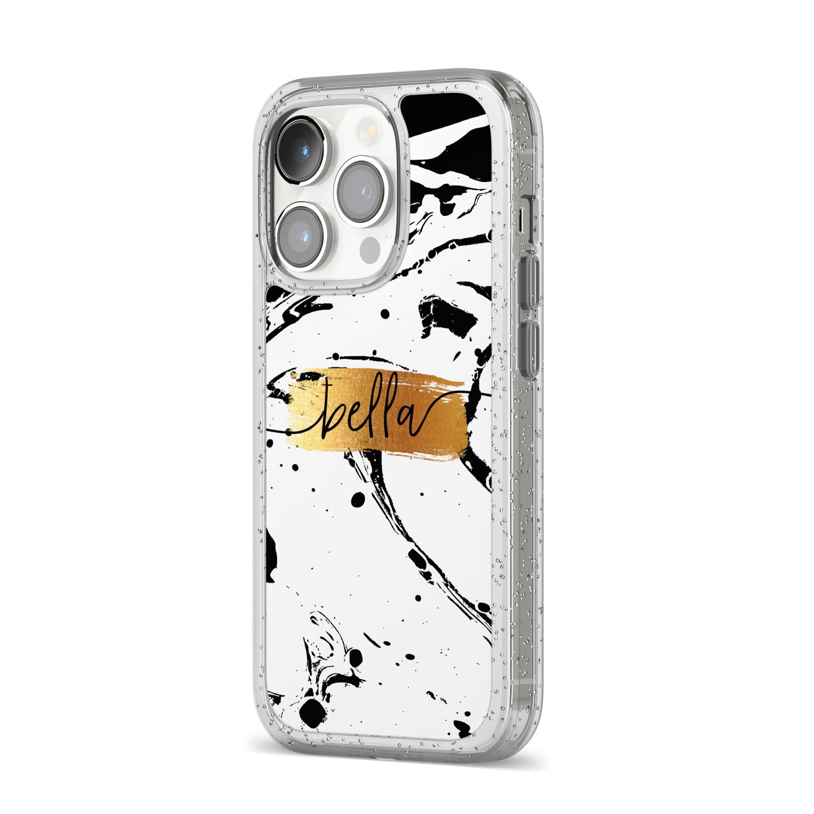 Personalised White Gold Swirl Marble iPhone 14 Pro Glitter Tough Case Silver Angled Image