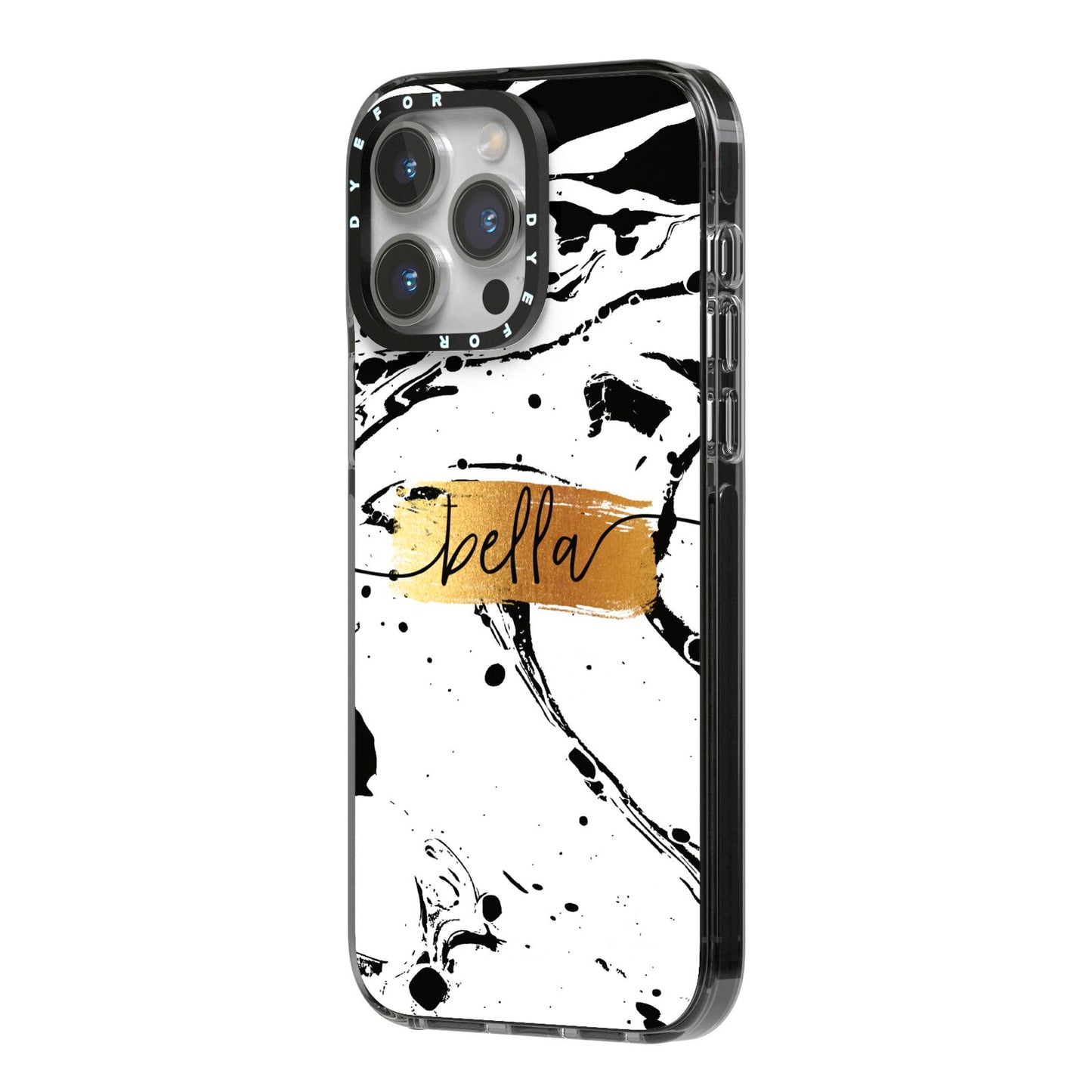 Personalised White Gold Swirl Marble iPhone 14 Pro Max Black Impact Case Side Angle on Silver phone