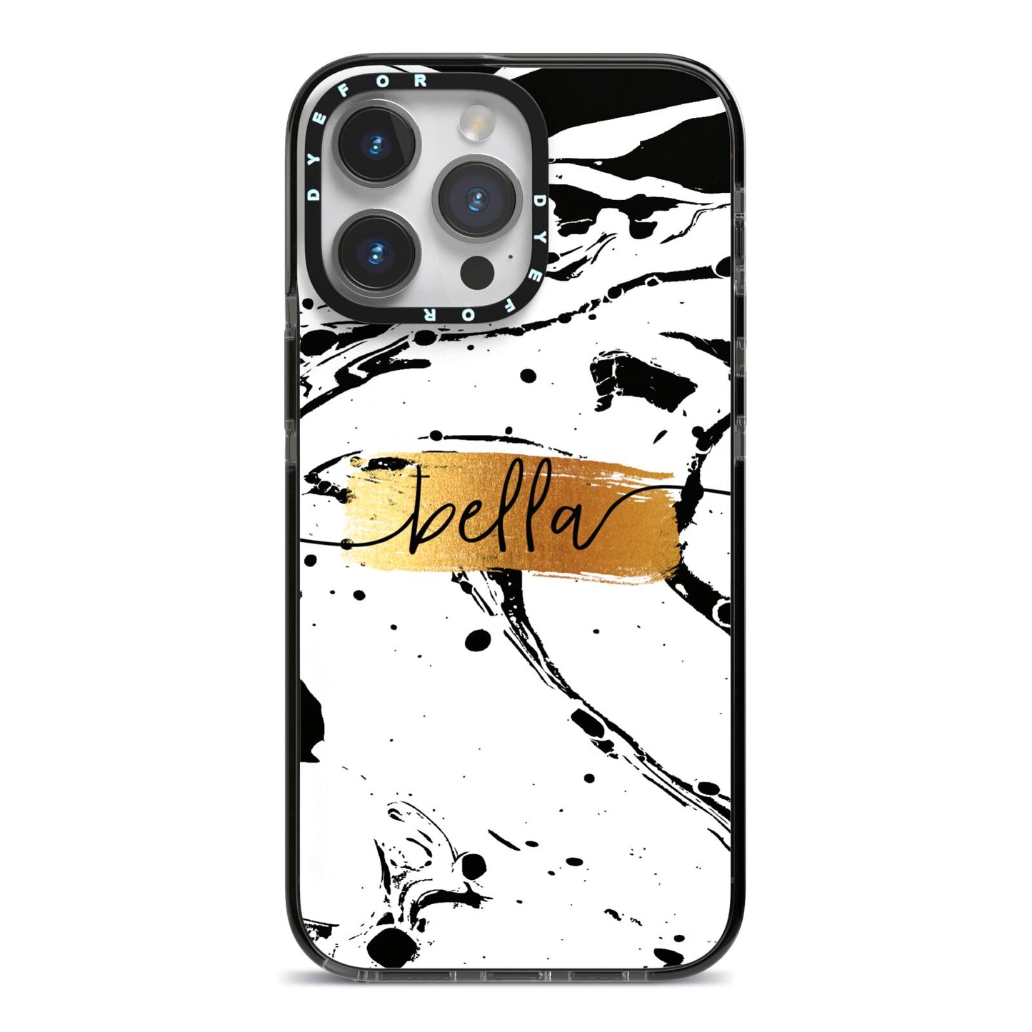 Personalised White Gold Swirl Marble iPhone 14 Pro Max Black Impact Case on Silver phone