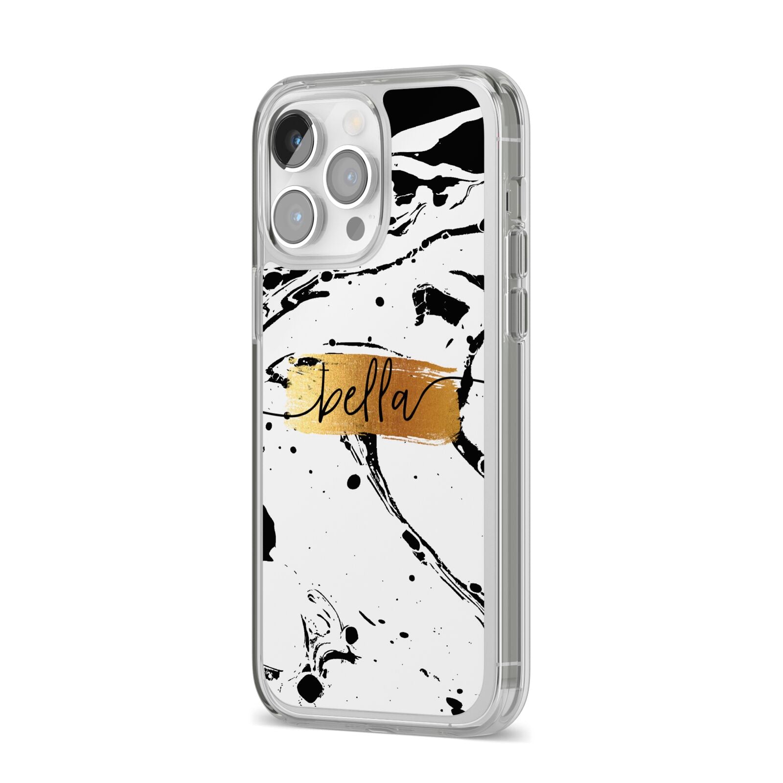 Personalised White Gold Swirl Marble iPhone 14 Pro Max Clear Tough Case Silver Angled Image