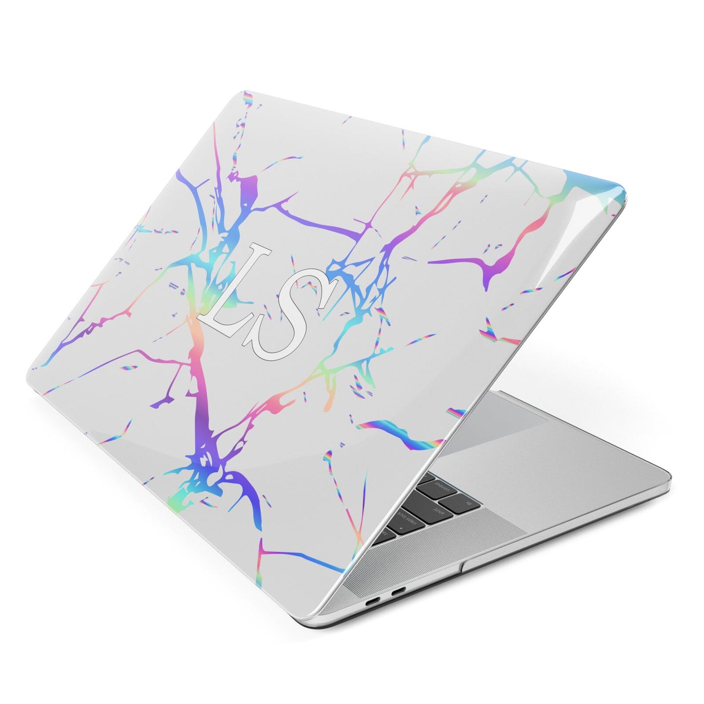 Personalised White Holographic Marble Initials Apple MacBook Case Side View