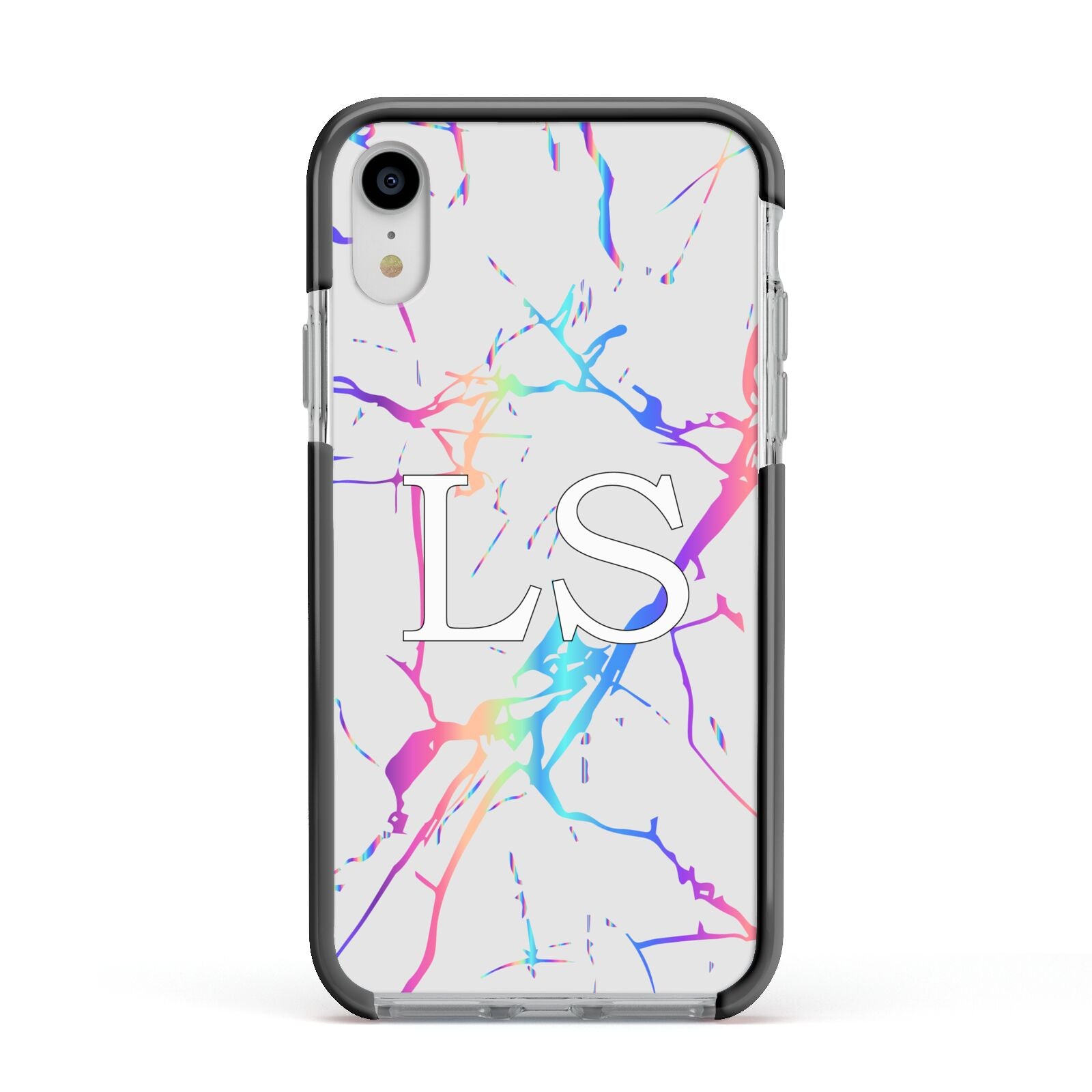 Personalised White Holographic Marble Initials Apple iPhone XR Impact Case Black Edge on Silver Phone