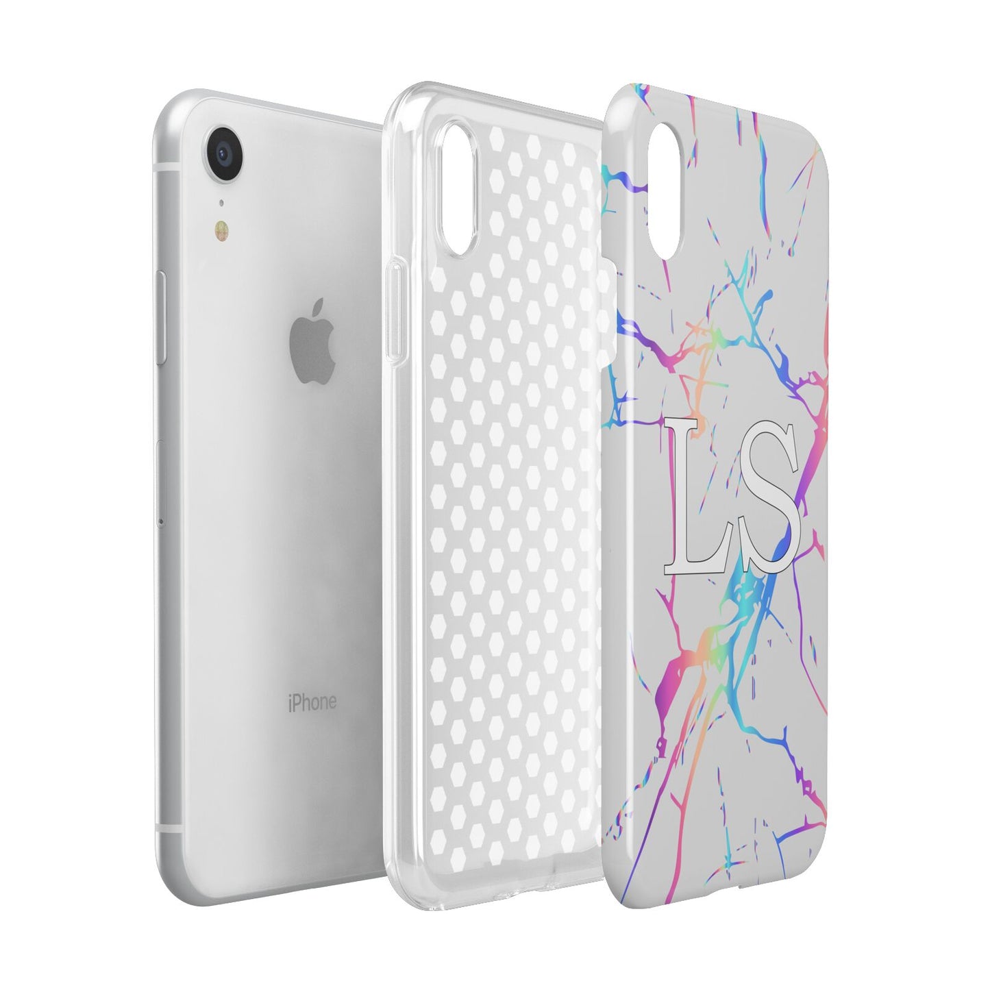 Personalised White Holographic Marble Initials Apple iPhone XR White 3D Tough Case Expanded view