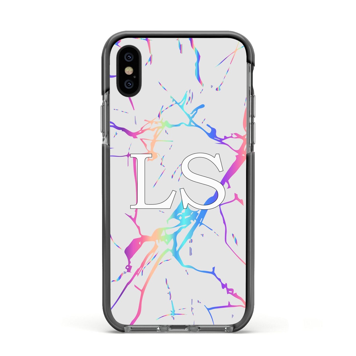 Personalised White Holographic Marble Initials Apple iPhone Xs Impact Case Black Edge on Black Phone