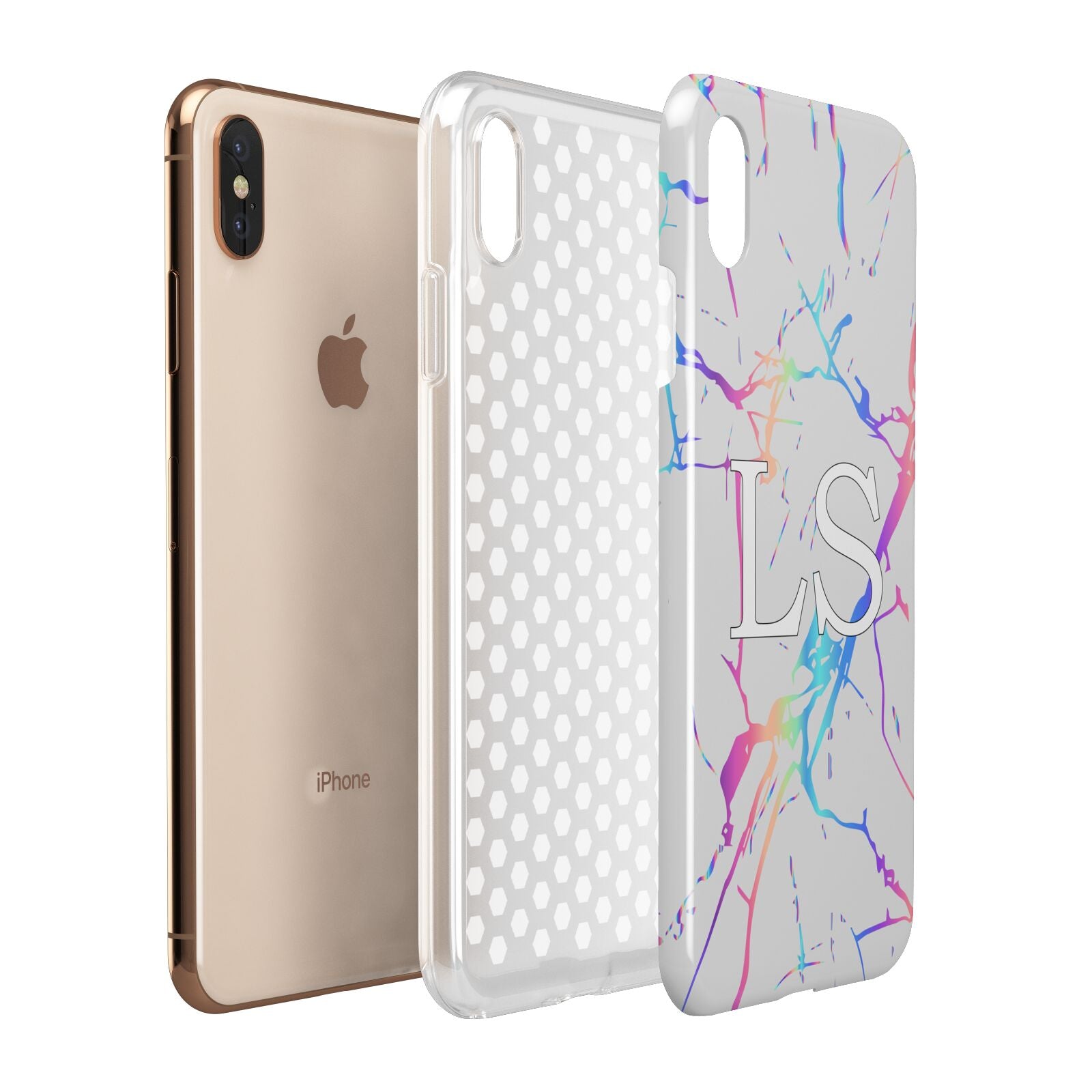 Personalised White Holographic Marble Initials Apple iPhone Xs Max 3D Tough Case Expanded View