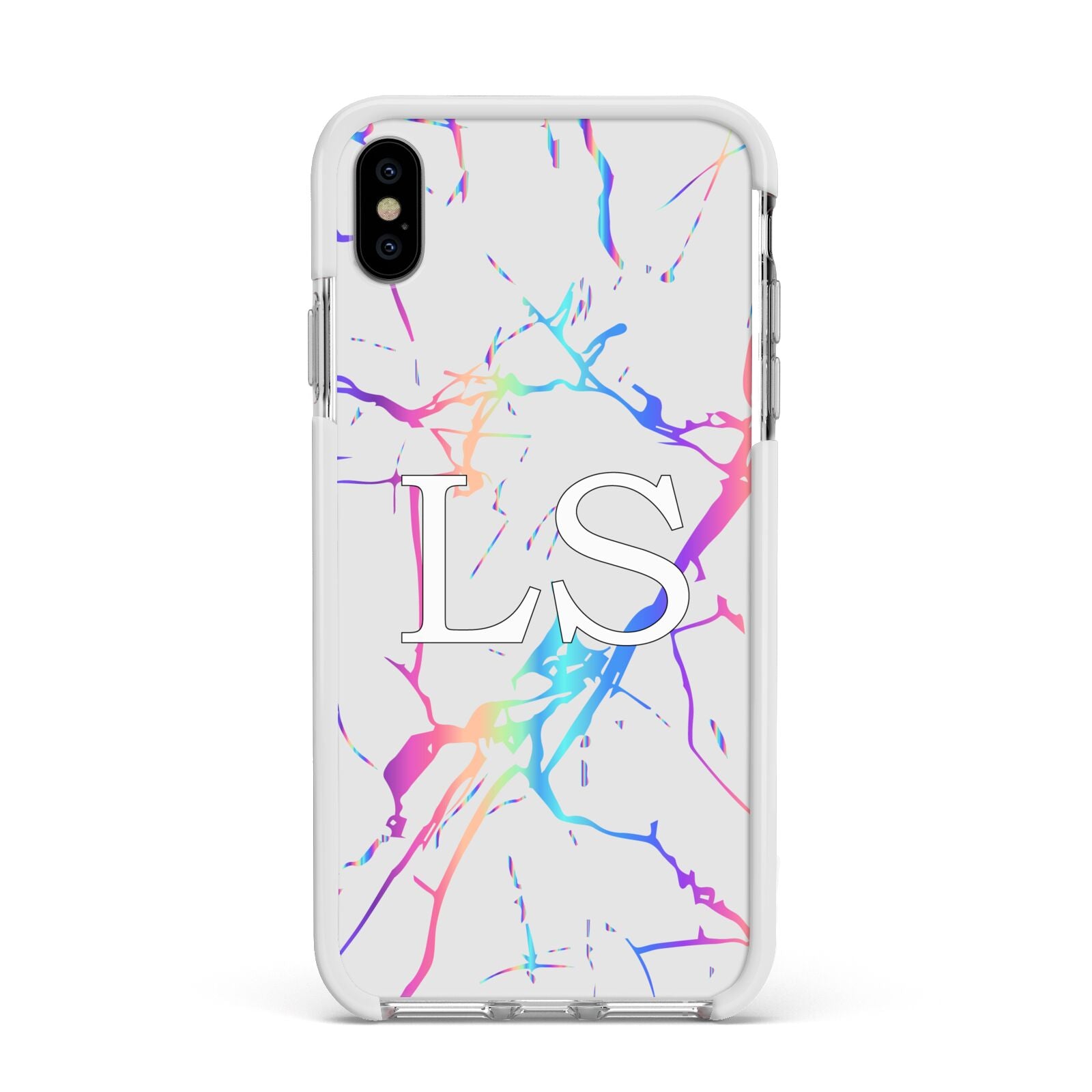 Personalised White Holographic Marble Initials Apple iPhone Xs Max Impact Case White Edge on Silver Phone