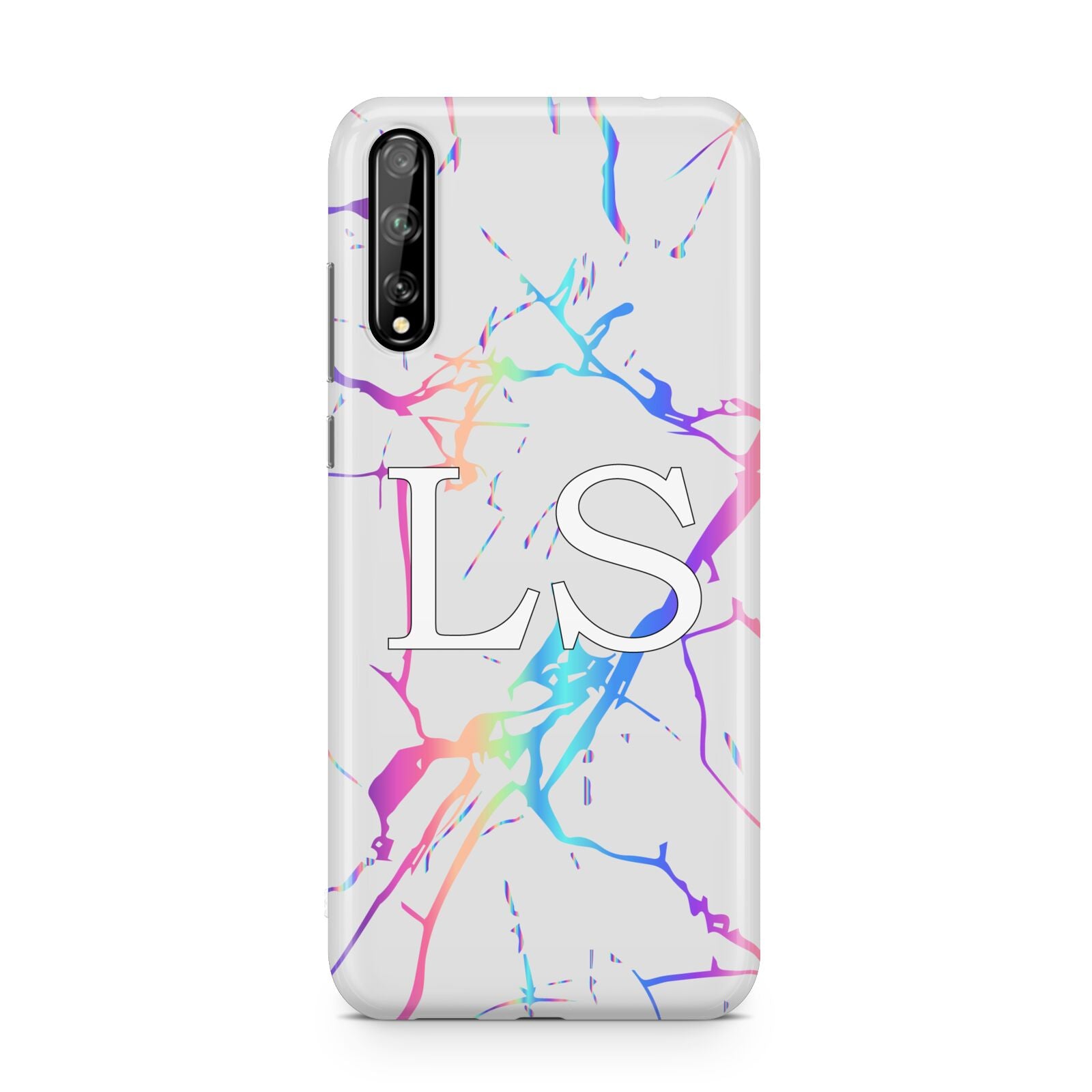 Personalised White Holographic Marble Initials Huawei Enjoy 10s Phone Case