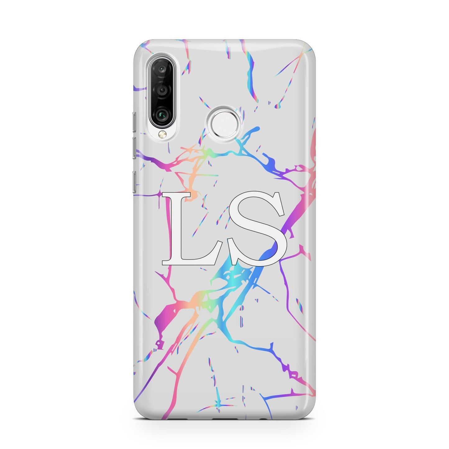 Personalised White Holographic Marble Initials Huawei P30 Lite Phone Case