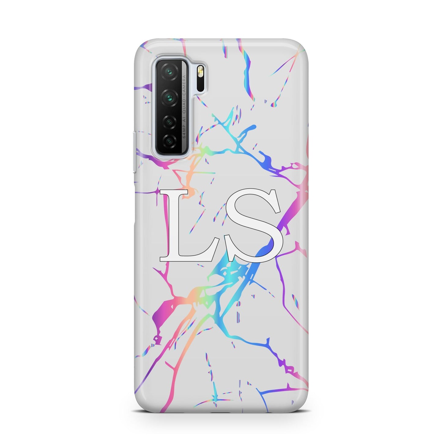 Personalised White Holographic Marble Initials Huawei P40 Lite 5G Phone Case