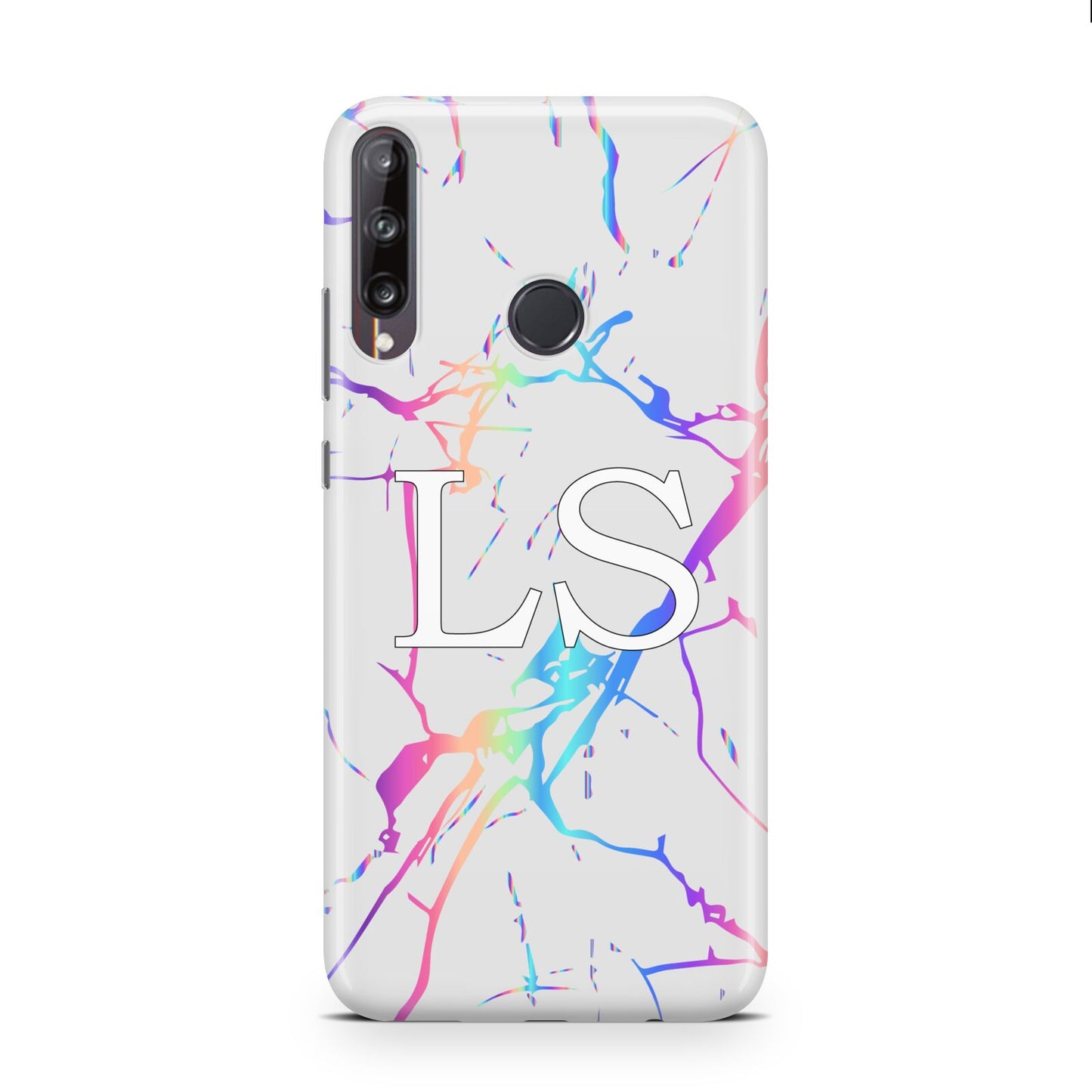 Personalised White Holographic Marble Initials Huawei P40 Lite E Phone Case