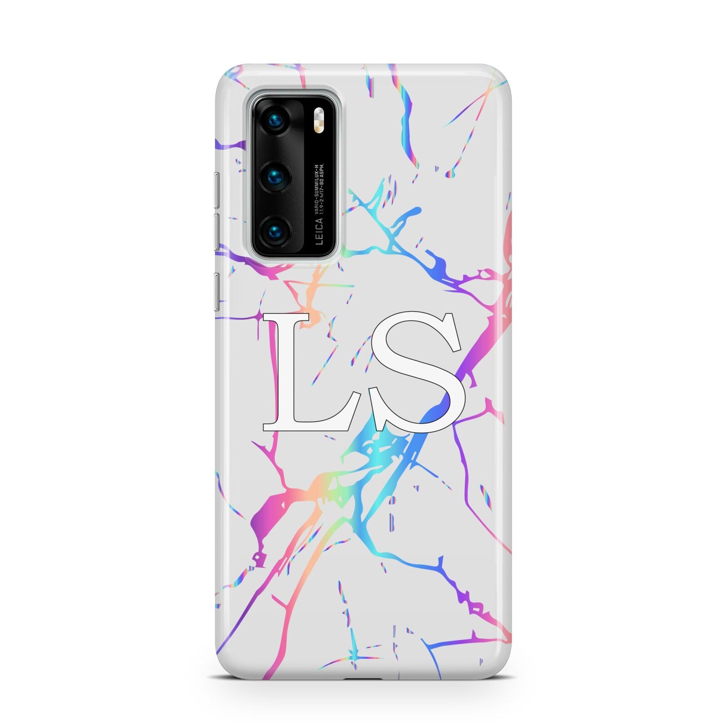 Personalised White Holographic Marble Initials Huawei P40 Phone Case