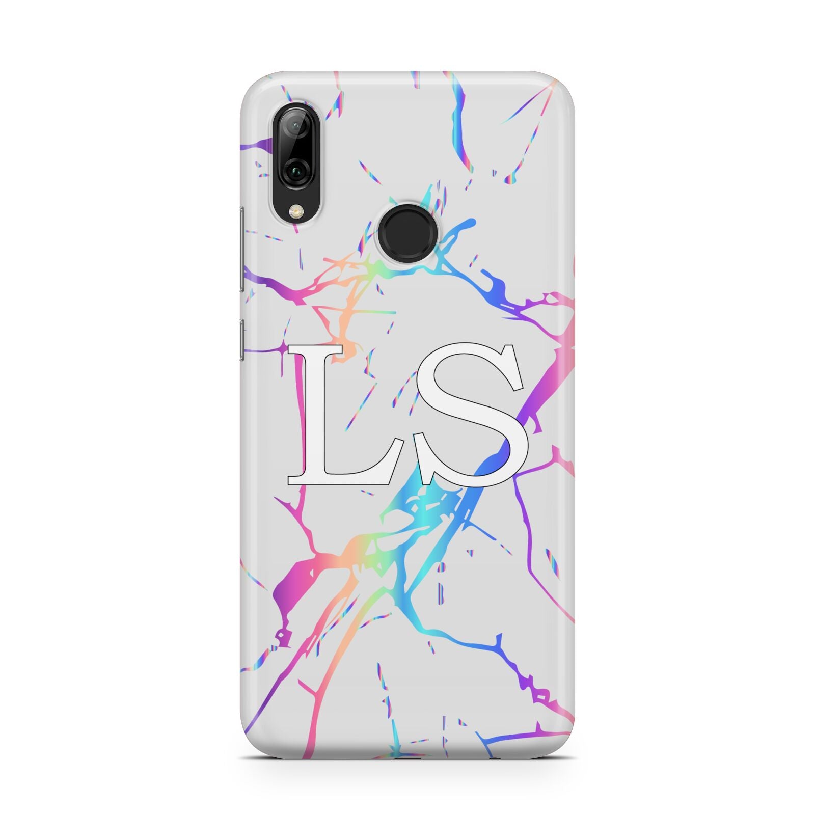 Personalised White Holographic Marble Initials Huawei Y7 2019