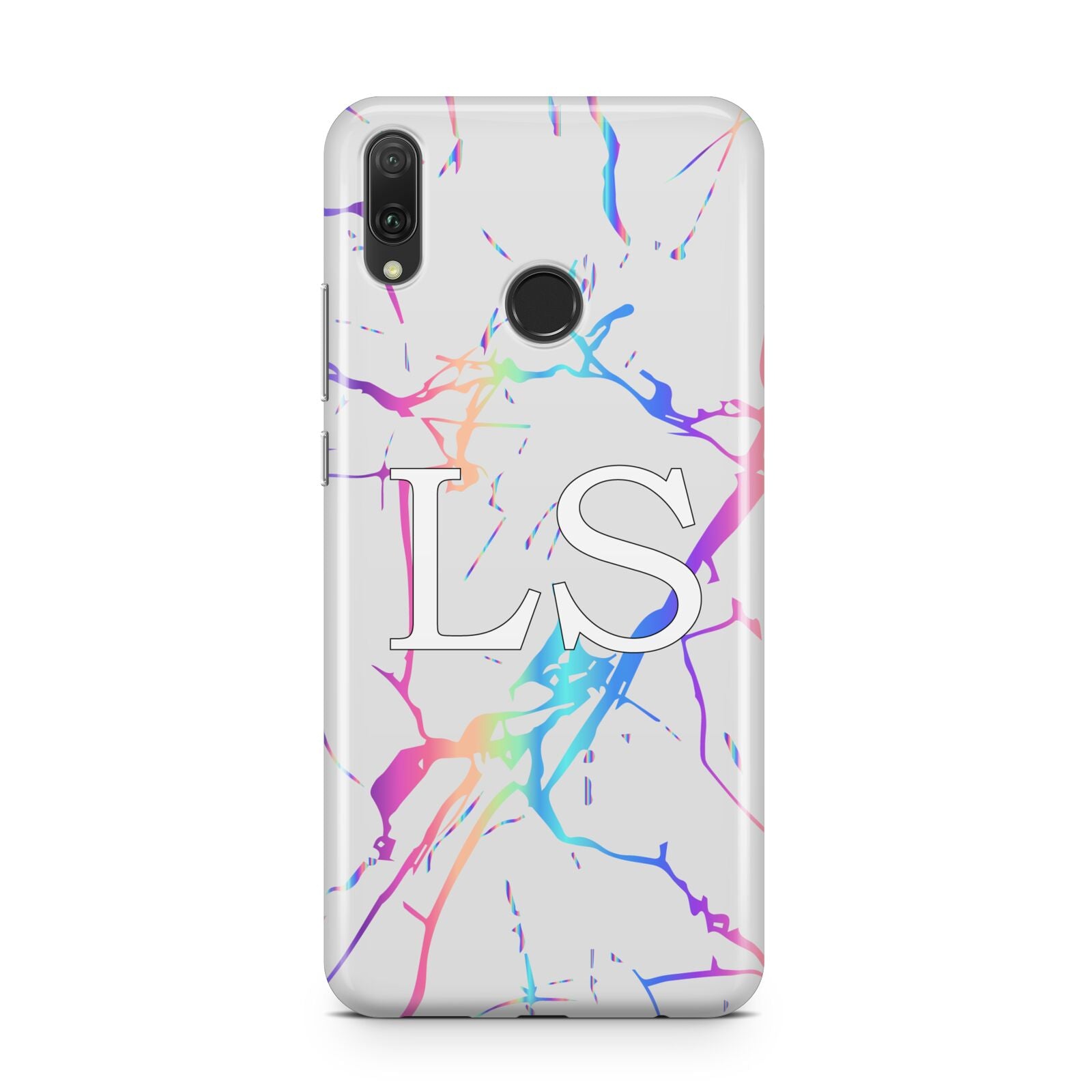 Personalised White Holographic Marble Initials Huawei Y9 2019