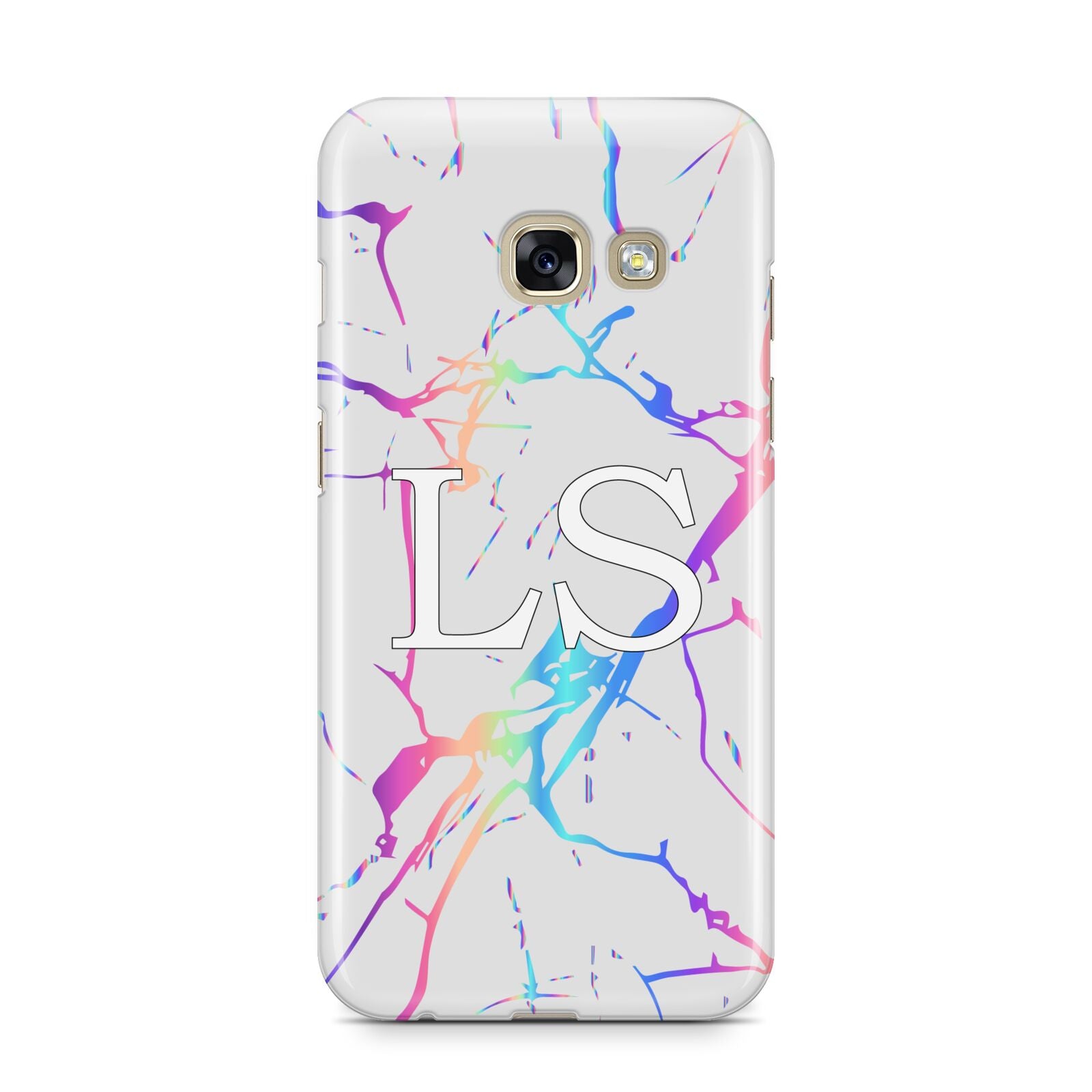 Personalised White Holographic Marble Initials Samsung Galaxy A3 2017 Case on gold phone