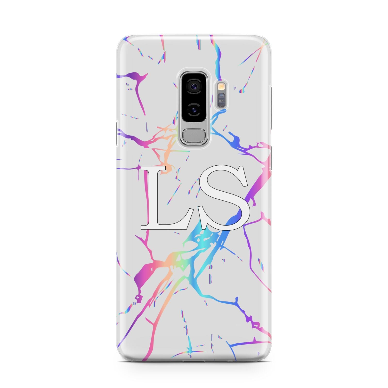 Personalised White Holographic Marble Initials Samsung Galaxy S9 Plus Case on Silver phone