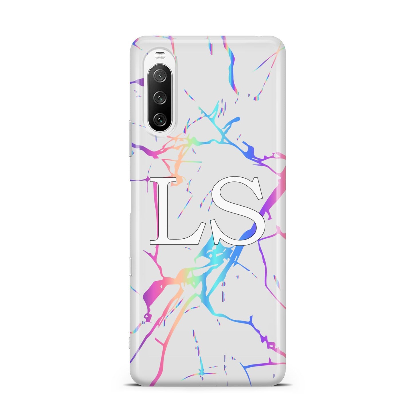 Personalised White Holographic Marble Initials Sony Xperia 10 III Case