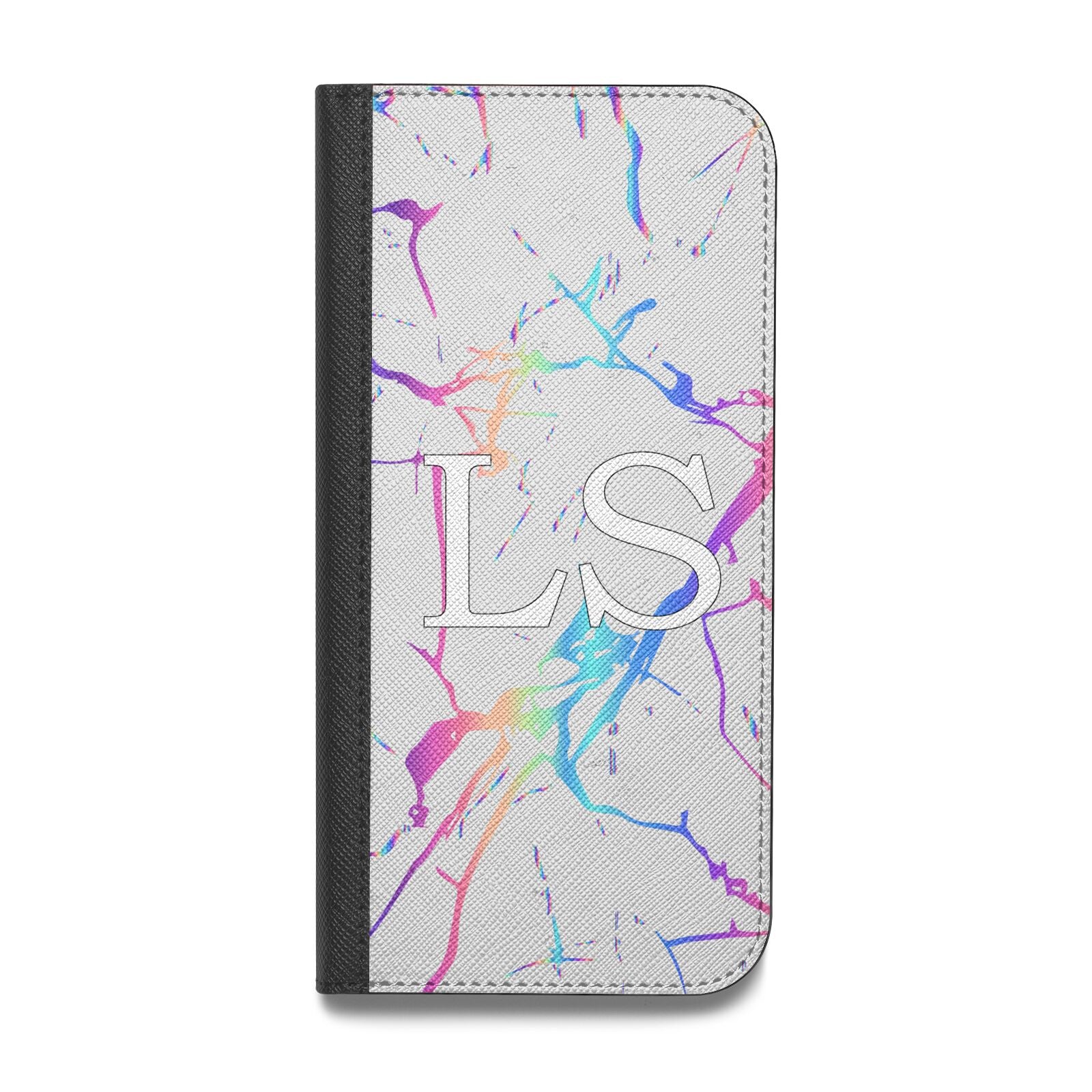 Personalised White Holographic Marble Initials Vegan Leather Flip iPhone Case