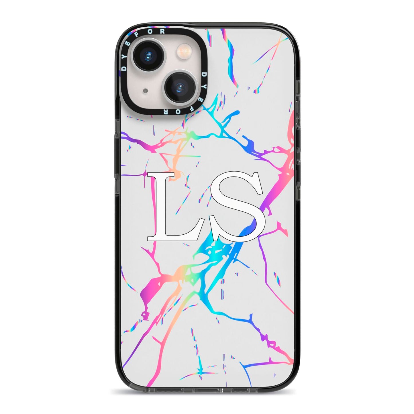 Personalised White Holographic Marble Initials iPhone 13 Black Impact Case on Silver phone