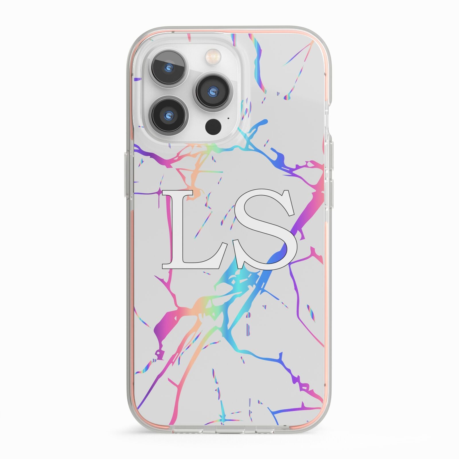 Personalised White Holographic Marble Initials iPhone 13 Pro TPU Impact Case with Pink Edges