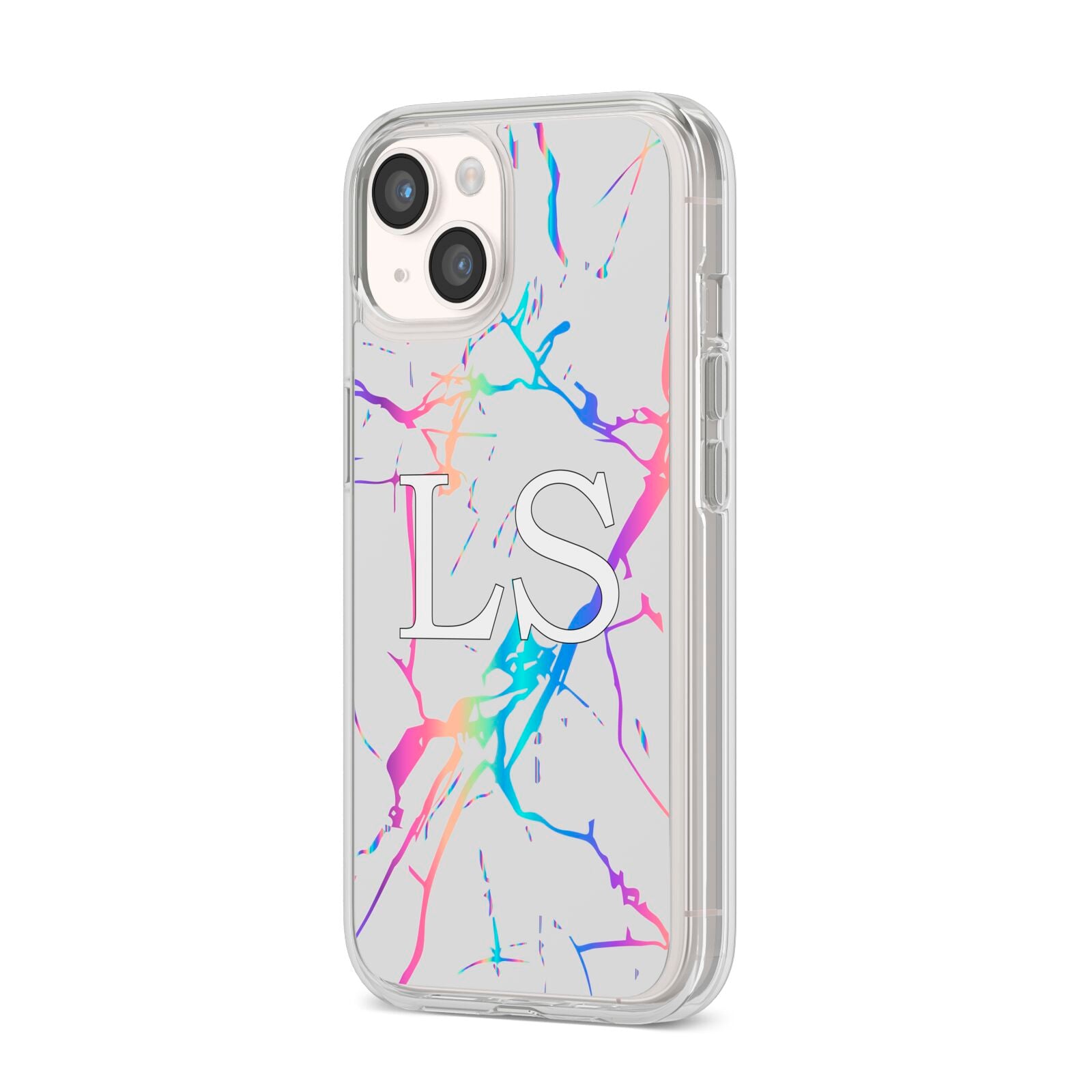 Personalised White Holographic Marble Initials iPhone 14 Clear Tough Case Starlight Angled Image