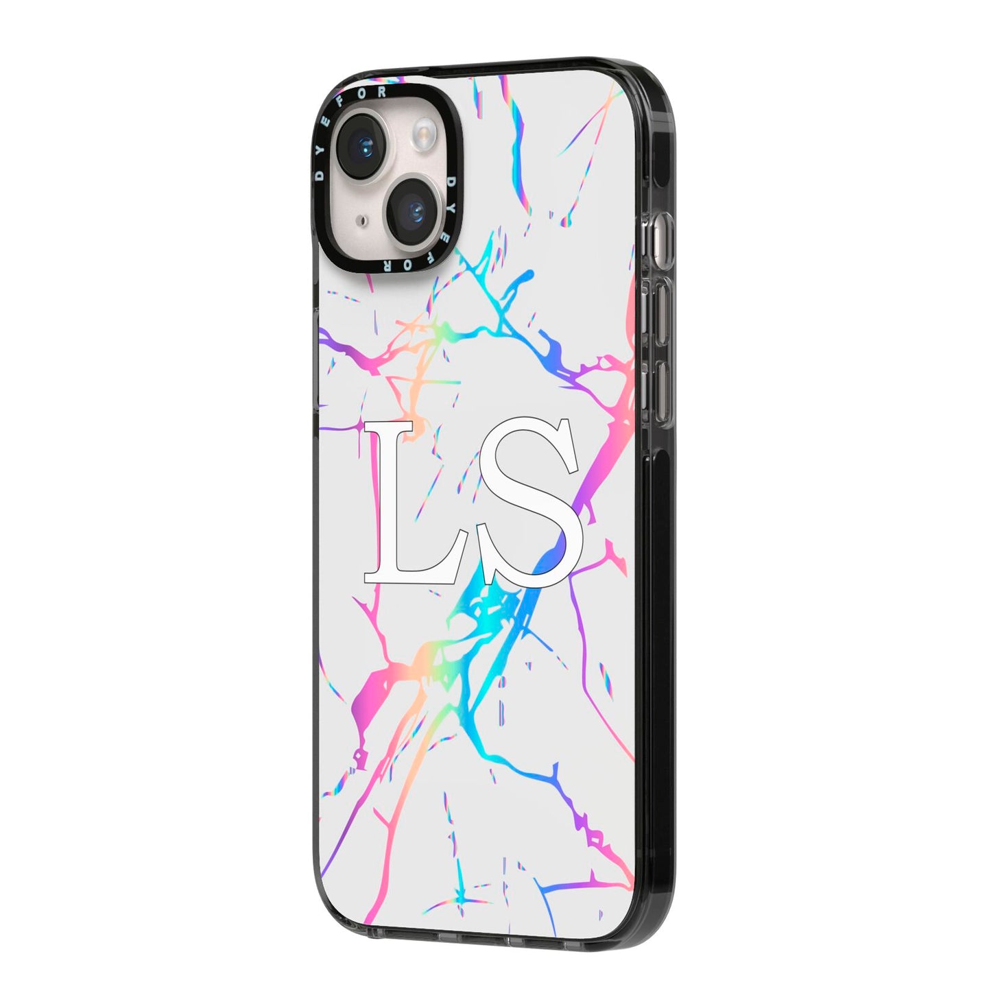 Personalised White Holographic Marble Initials iPhone 14 Plus Black Impact Case Side Angle on Silver phone