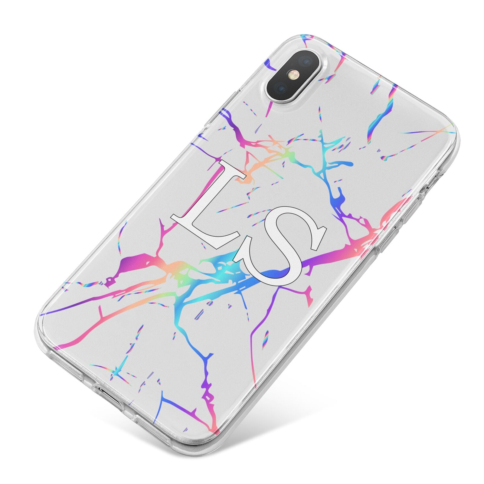 Personalised White Holographic Marble Initials iPhone X Bumper Case on Silver iPhone