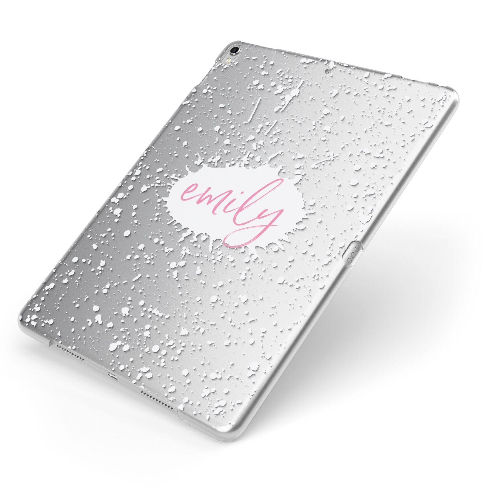 Personalised White Ink Splat Clear Name Apple iPad Case on Silver iPad Side View