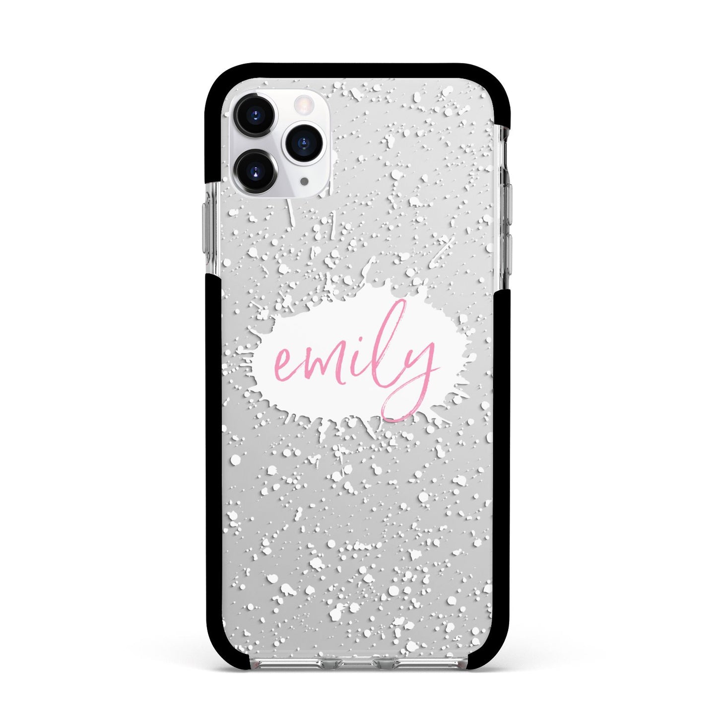 Personalised White Ink Splat Clear Name Apple iPhone 11 Pro Max in Silver with Black Impact Case