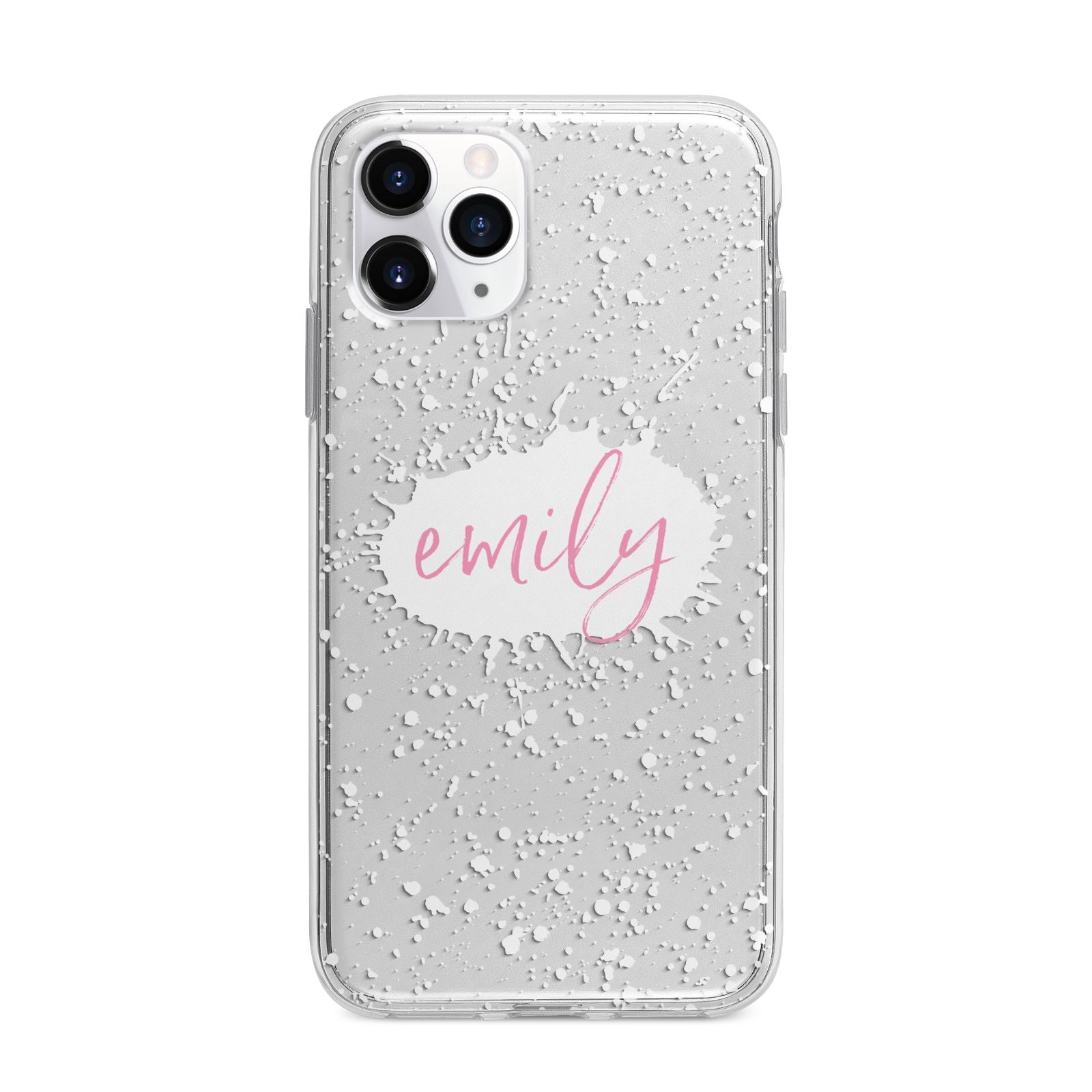 Personalised White Ink Splat Clear Name Apple iPhone 11 Pro Max in Silver with Bumper Case