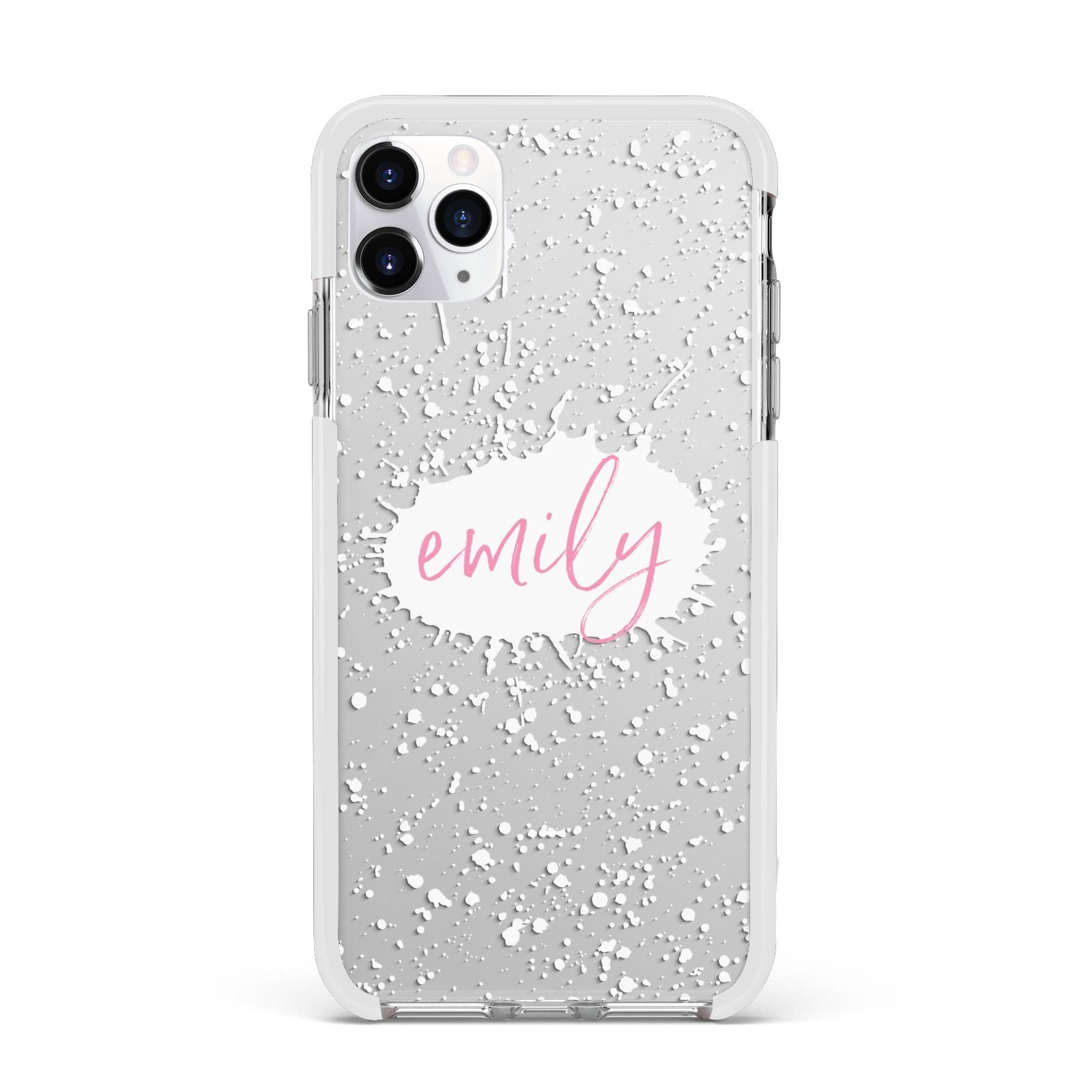 Personalised White Ink Splat Clear Name Apple iPhone 11 Pro Max in Silver with White Impact Case