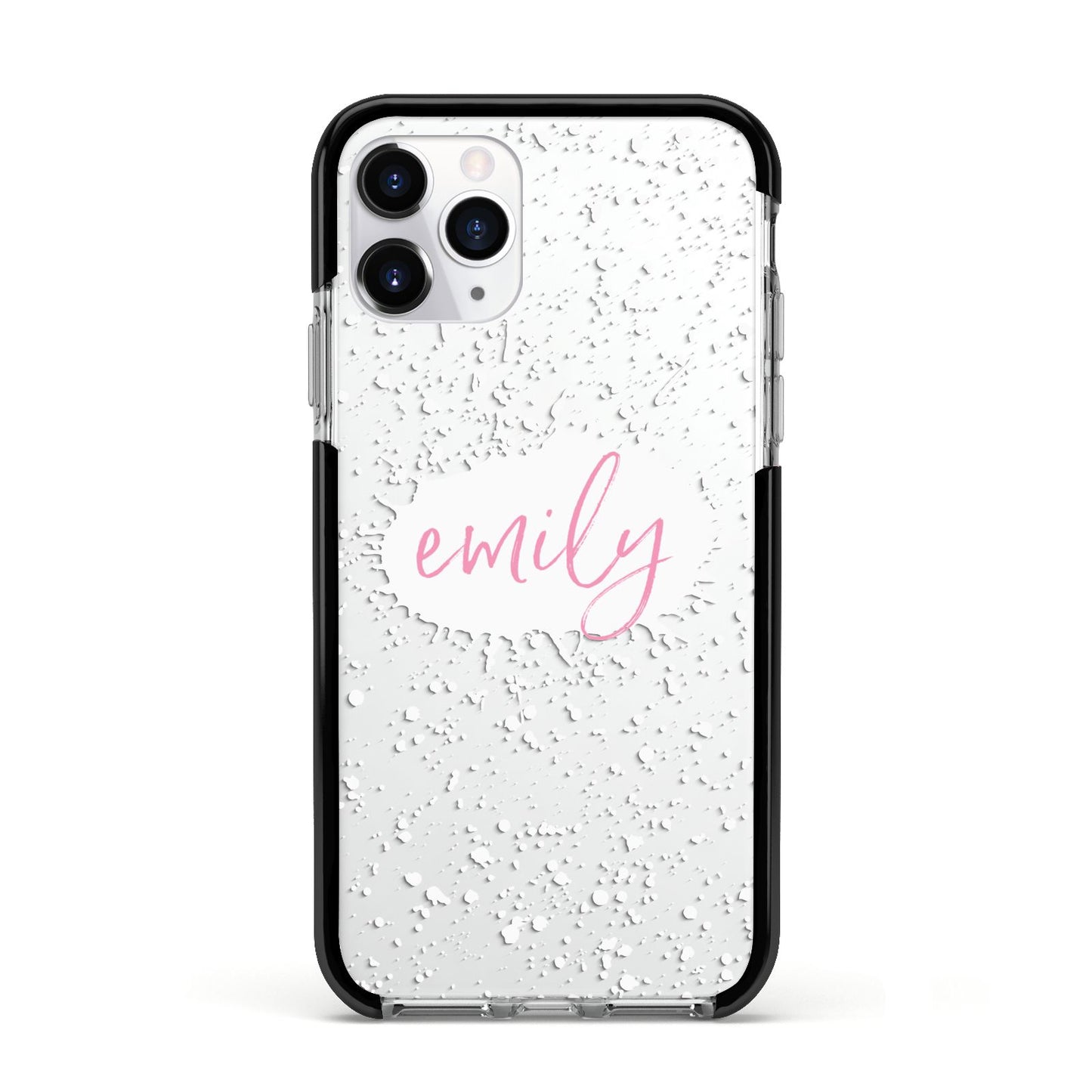 Personalised White Ink Splat Clear Name Apple iPhone 11 Pro in Silver with Black Impact Case