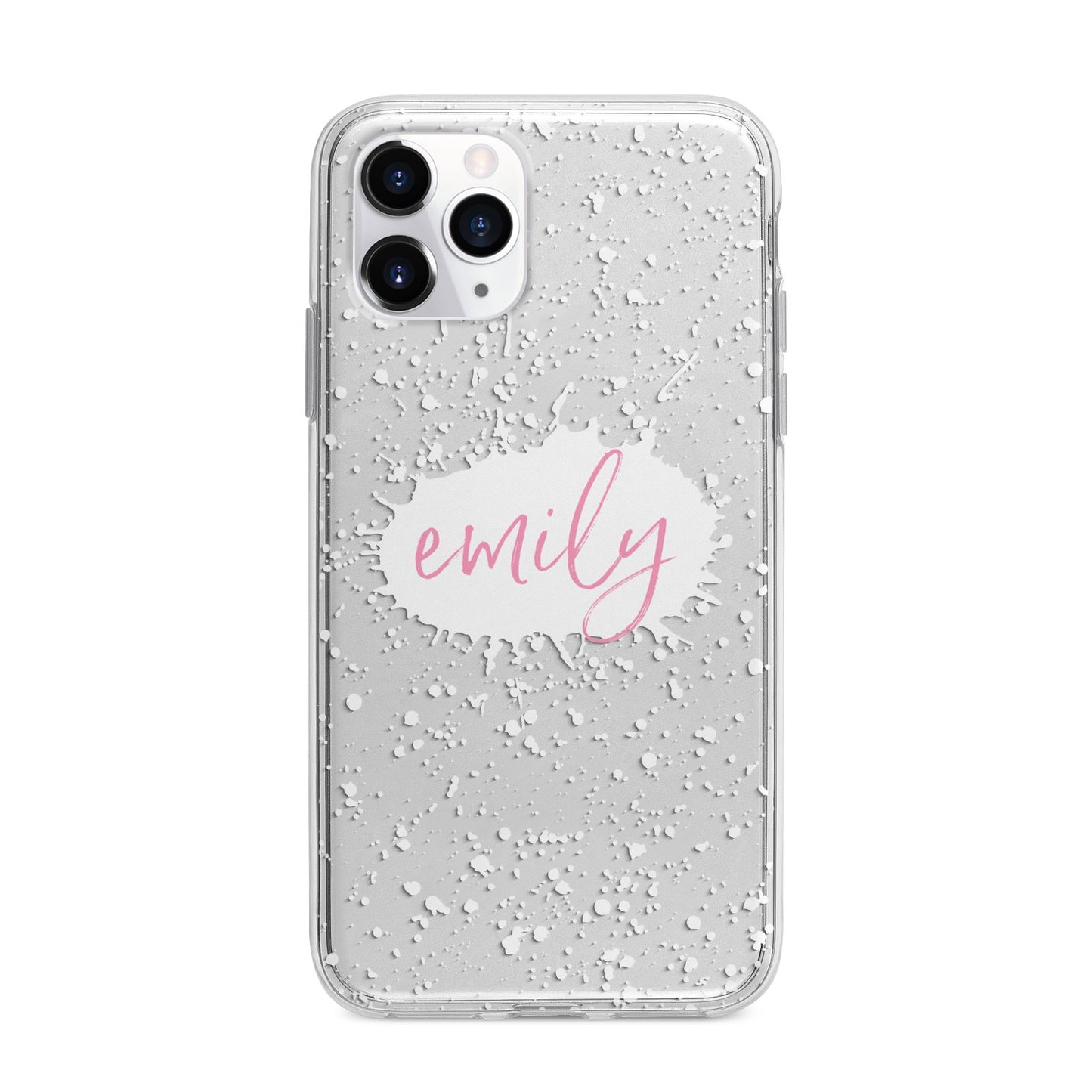 Personalised White Ink Splat Clear Name Apple iPhone 11 Pro in Silver with Bumper Case