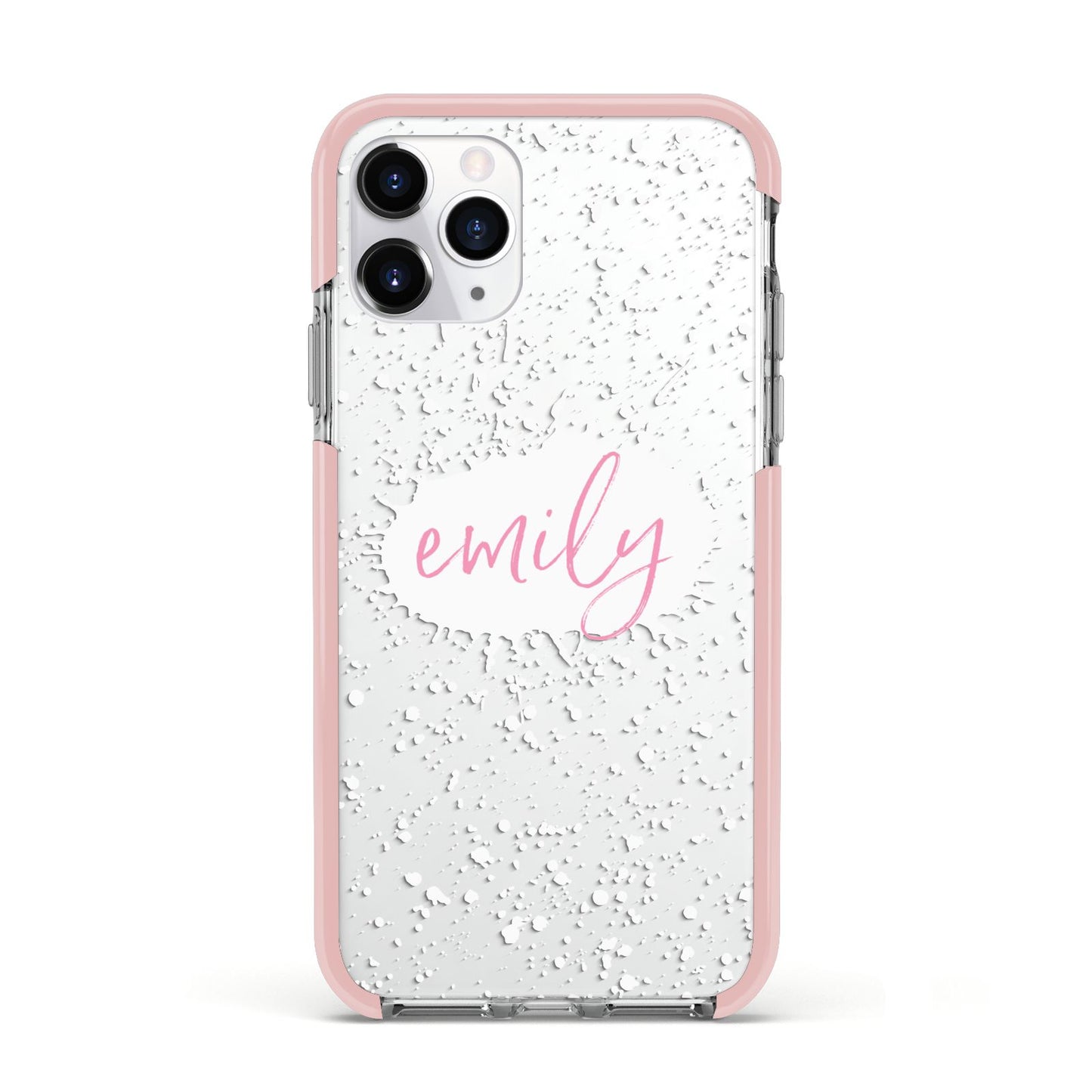 Personalised White Ink Splat Clear Name Apple iPhone 11 Pro in Silver with Pink Impact Case