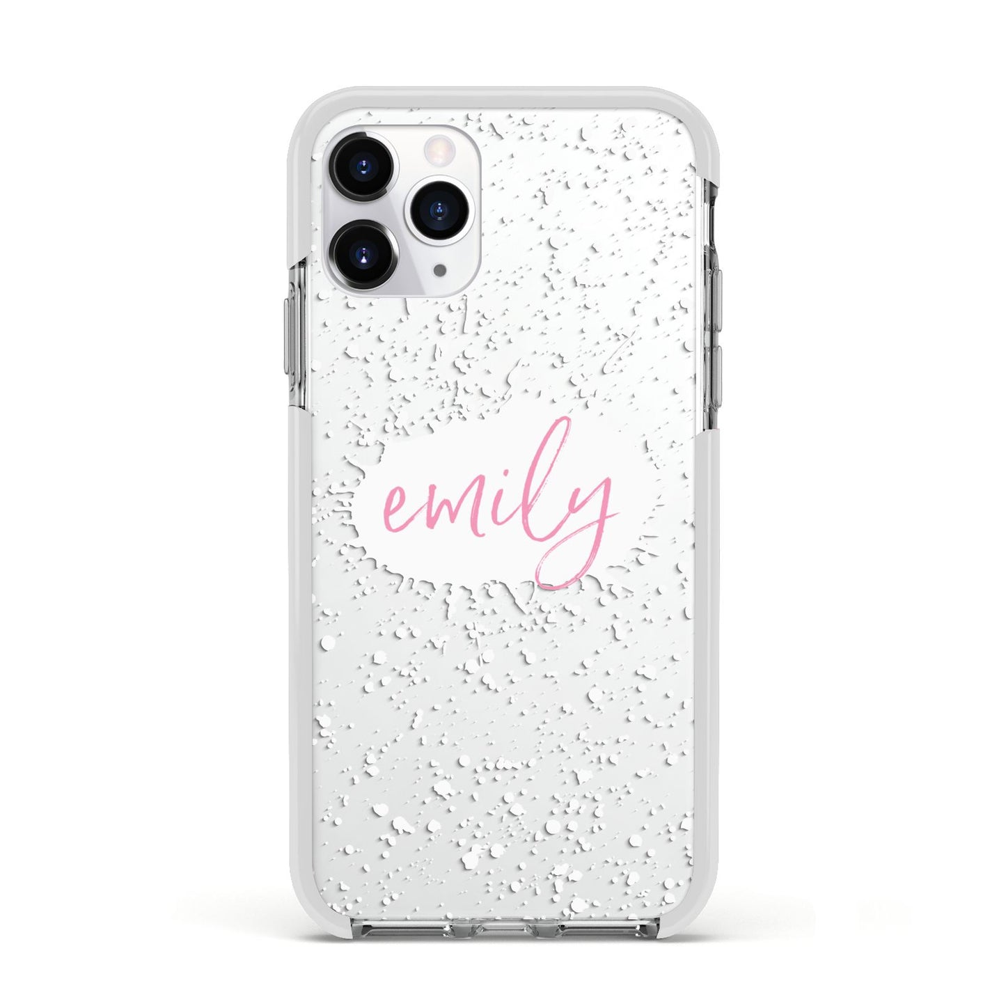 Personalised White Ink Splat Clear Name Apple iPhone 11 Pro in Silver with White Impact Case