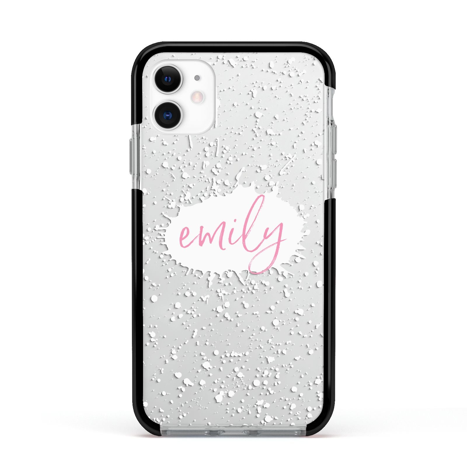 Personalised White Ink Splat Clear Name Apple iPhone 11 in White with Black Impact Case