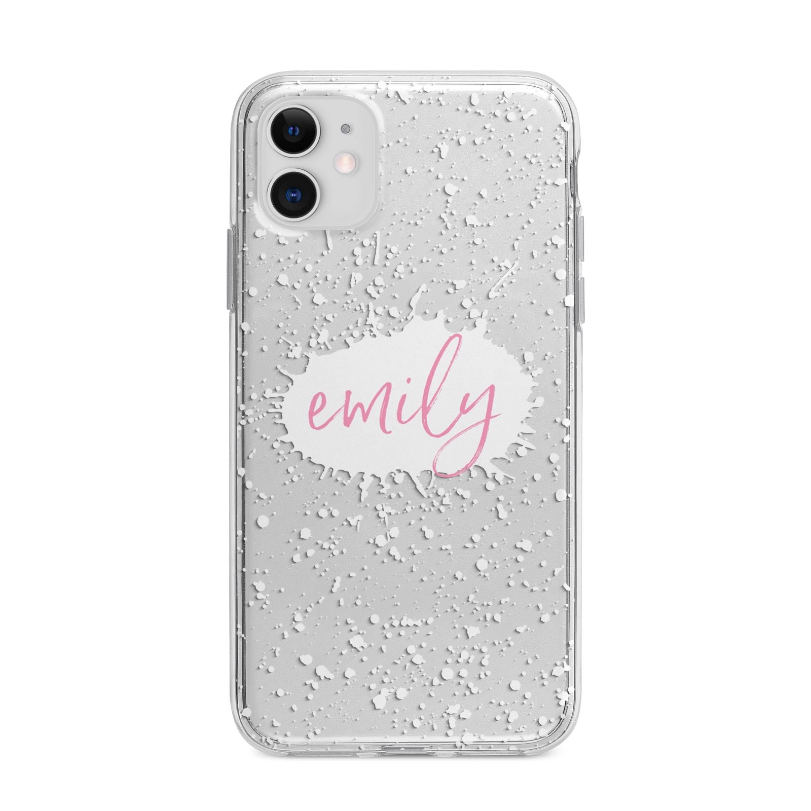 Personalised White Ink Splat Clear Name Apple iPhone 11 in White with Bumper Case