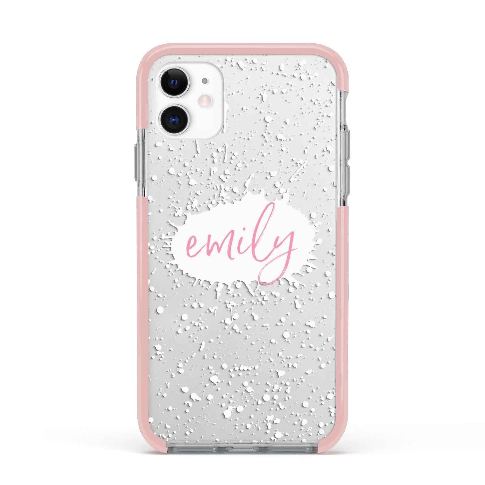 Personalised White Ink Splat Clear Name Apple iPhone 11 in White with Pink Impact Case